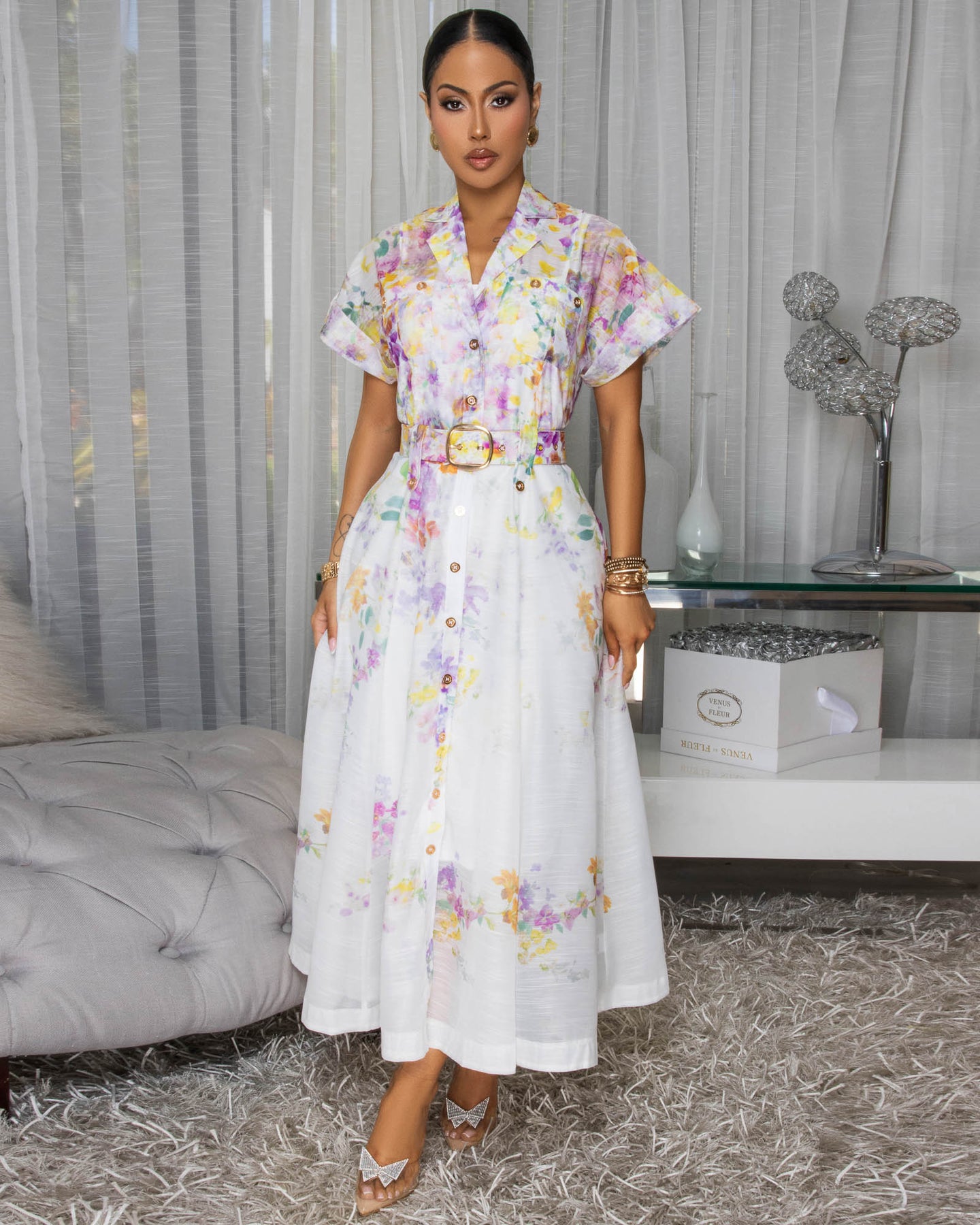 Zaria Off-White Multi-Color Floral Print Belted Maxi Dress