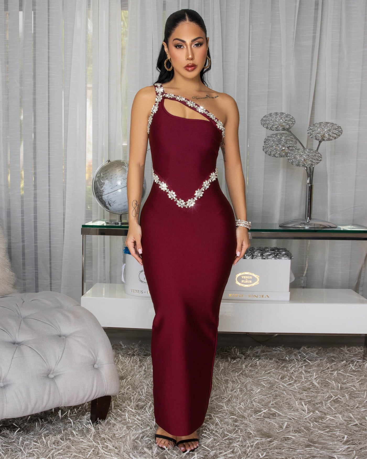 Lizzie Burgundy Rhinestones Bust Trim Bandage Maxi Dress