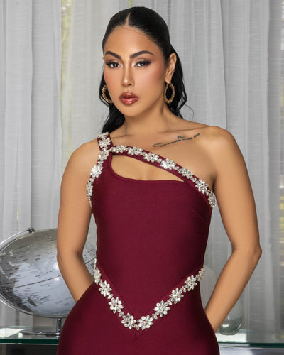 Lizzie Burgundy Rhinestones Bust Trim Bandage Maxi Dress