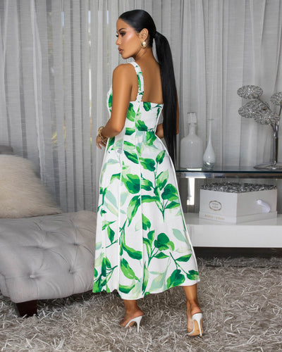 Drew White Green Floral Print Midi Linen Dress