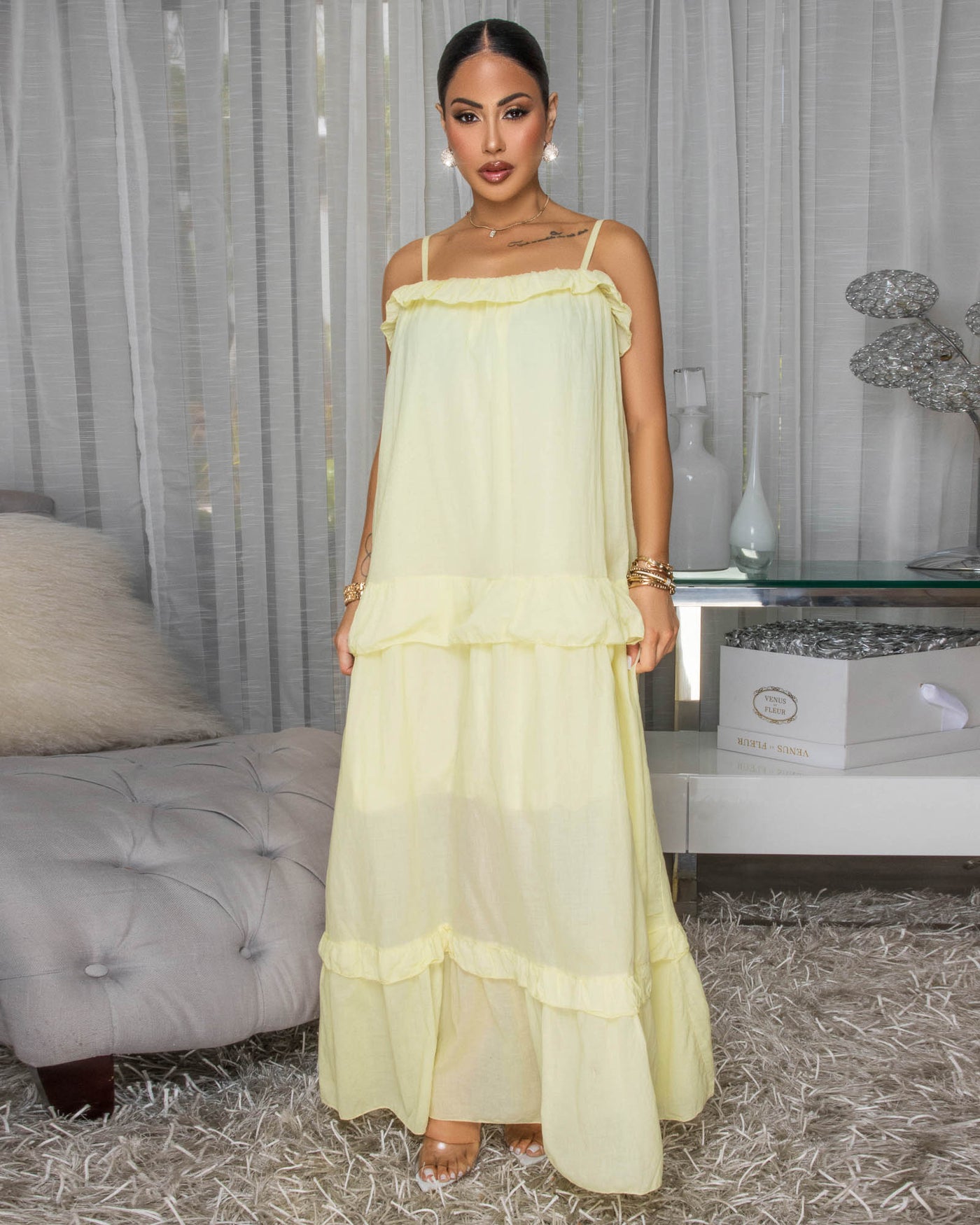 Liline Light Yellow Linen Tiered Maxi Dress Chic Couture Online Liline Light Yellow Linen Tiered Maxi Dress Chic Couture Online