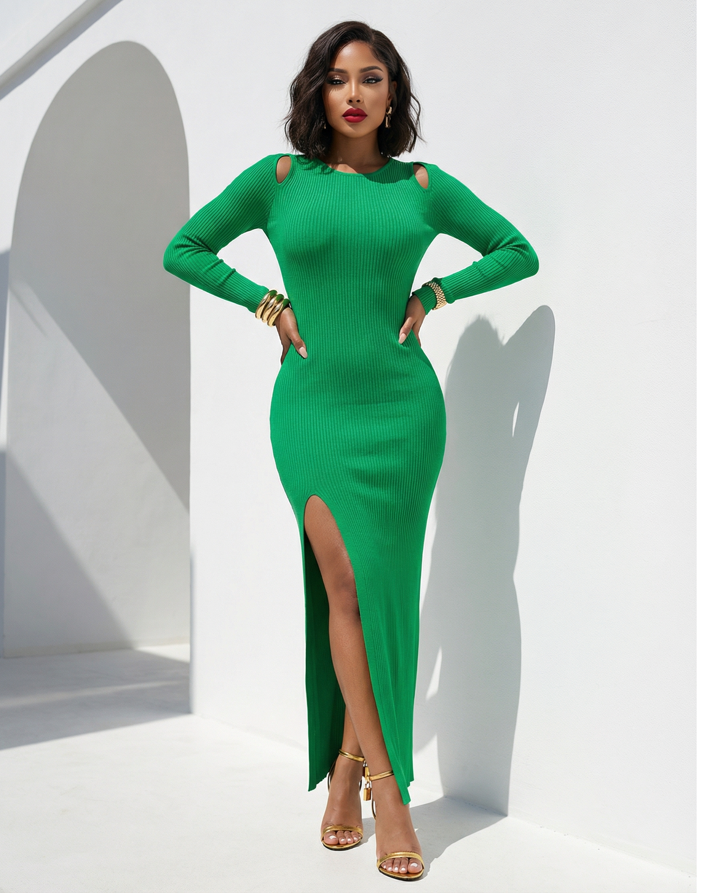 Xylia Kelly-Green Cut-Out Knit Midi Dress
