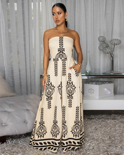 Kiva Beige Black Print Strapless Jumpsuit