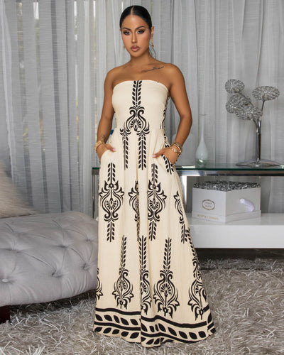 Kiva Beige Black Print Strapless Jumpsuit
