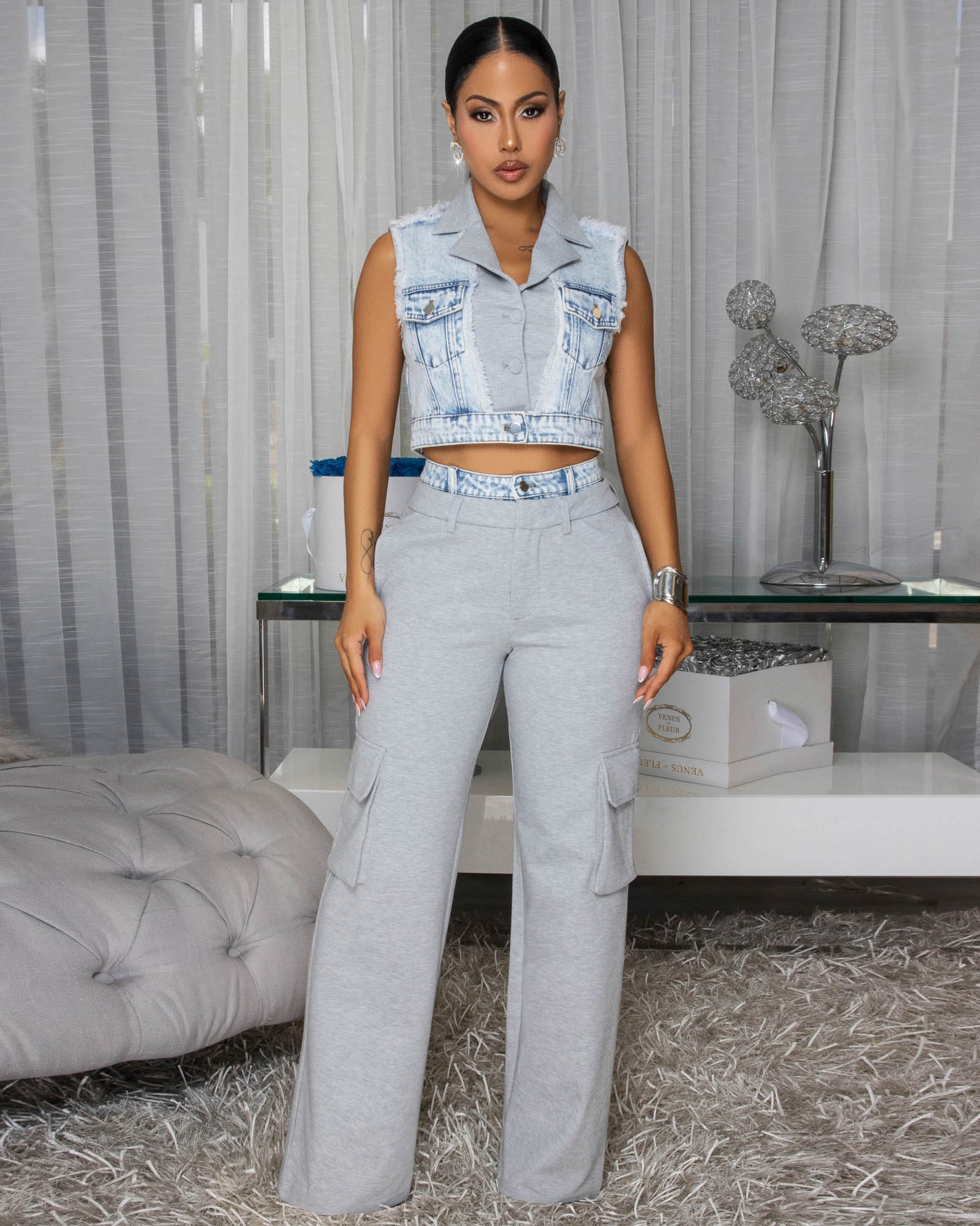 Kelbie Grey Denim Accent Vest & Cargo Pants Set