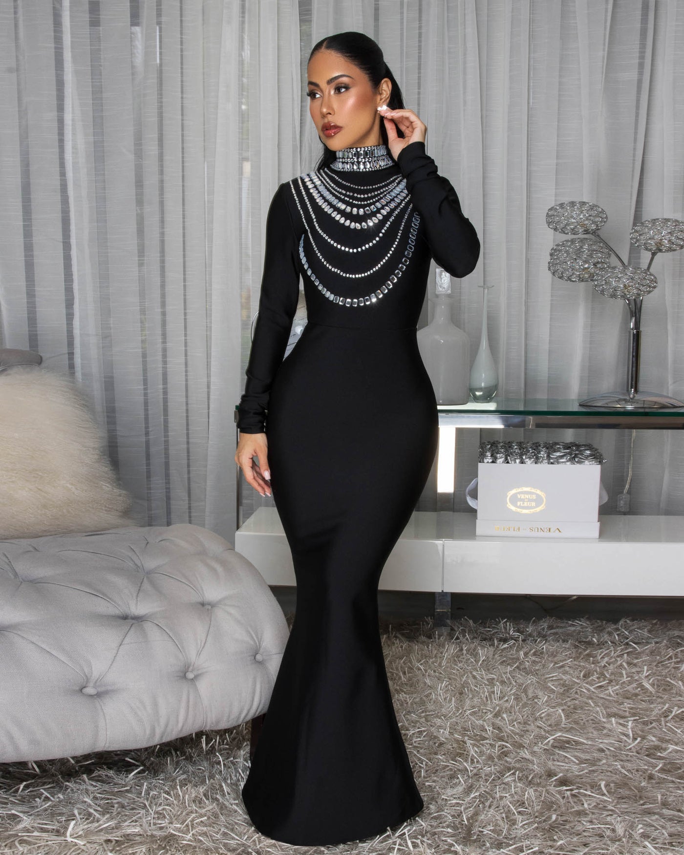 Wallace Black Rhinestones Maxi Bandage Dress
