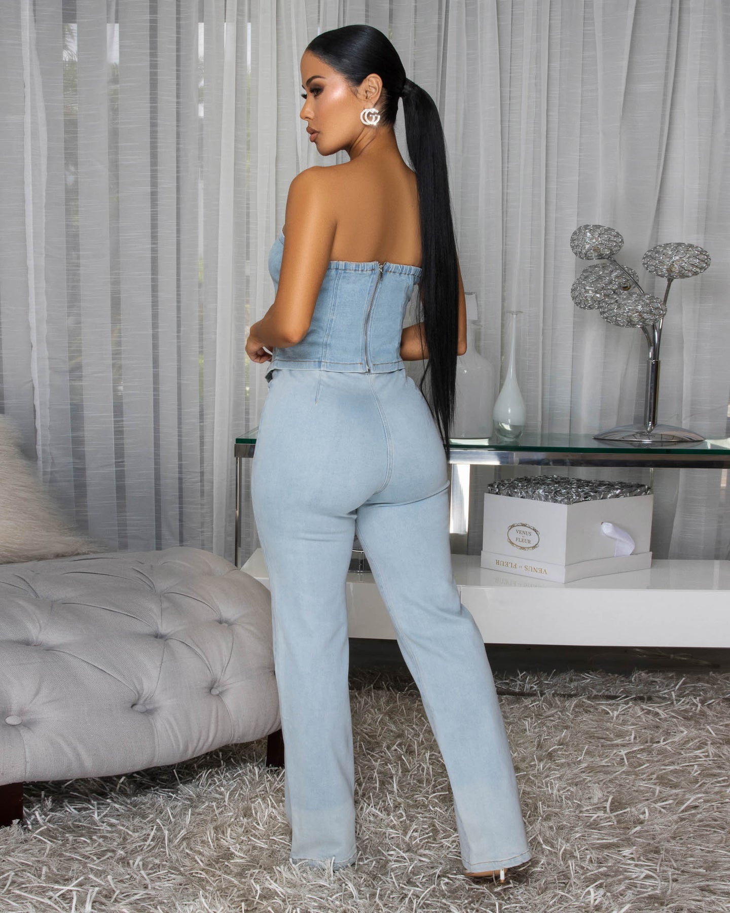 Carra Stonewash Rhinestones Accent Denim Top & Pants Set