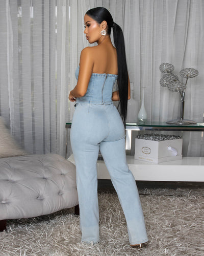 Carra Stonewash Rhinestones Accent Denim Top & Pants Set