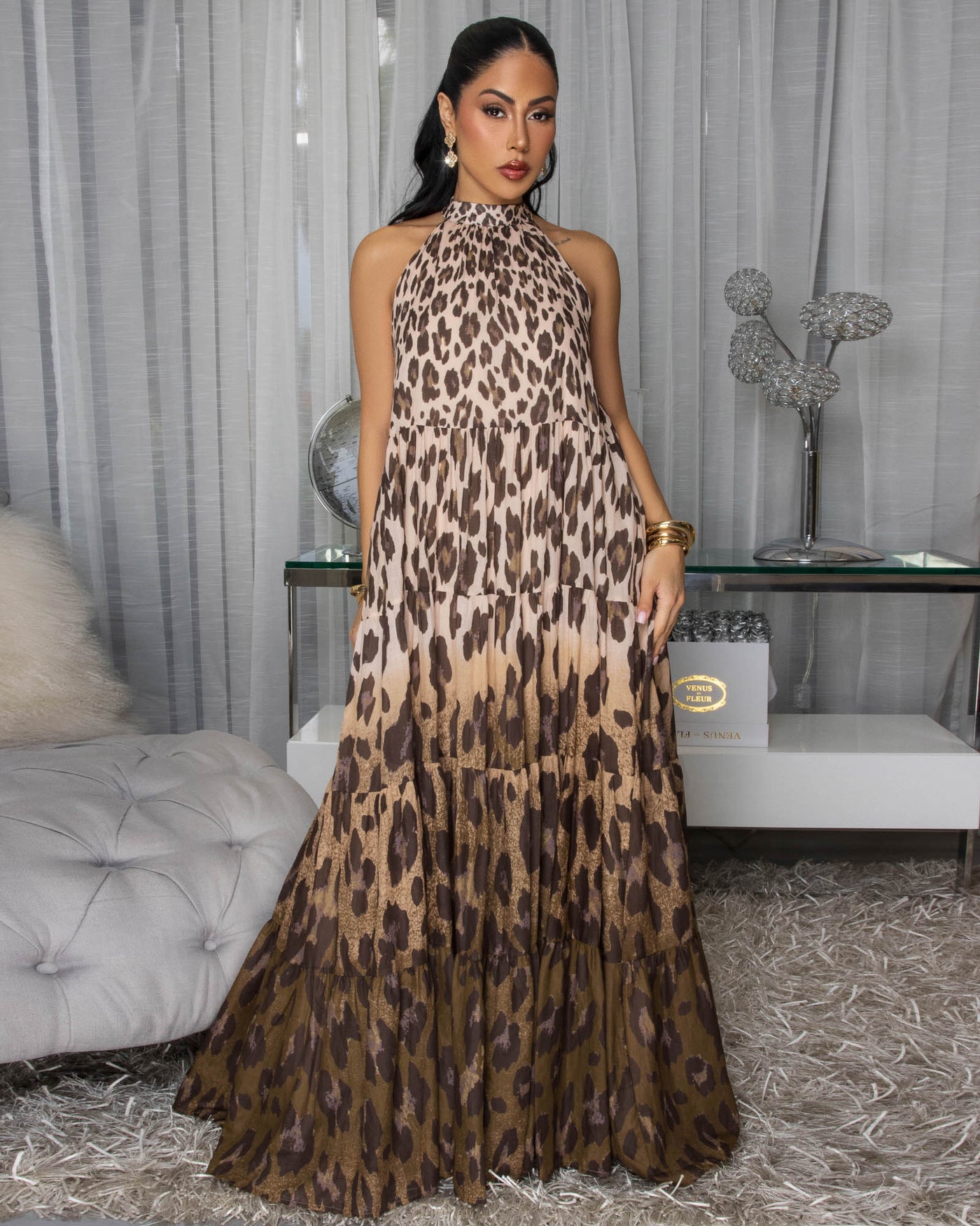 Nessa Taupe Brown Leopard Print Maxi Dress