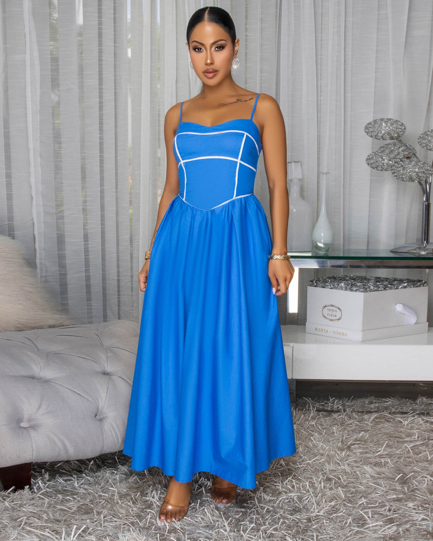 Elvera Blue White Trim Maxi Dress