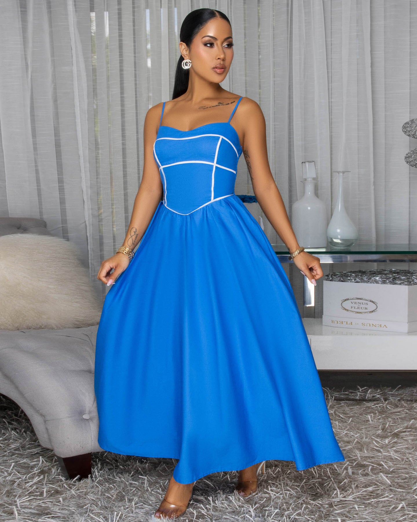 Elvera Blue White Trim Maxi Dress