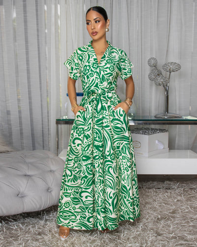 Ivelle Green Cream Floral Print Maxi Dress