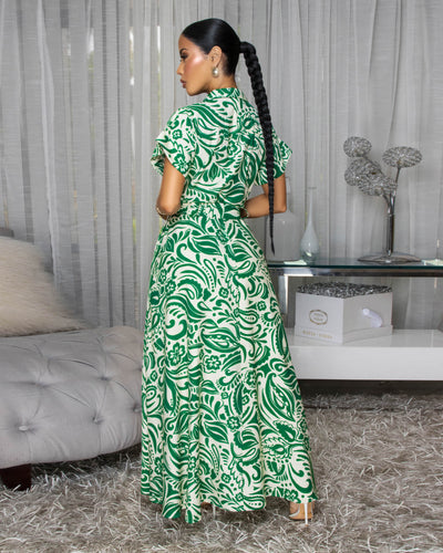 Ivelle Green Cream Floral Print Maxi Dress