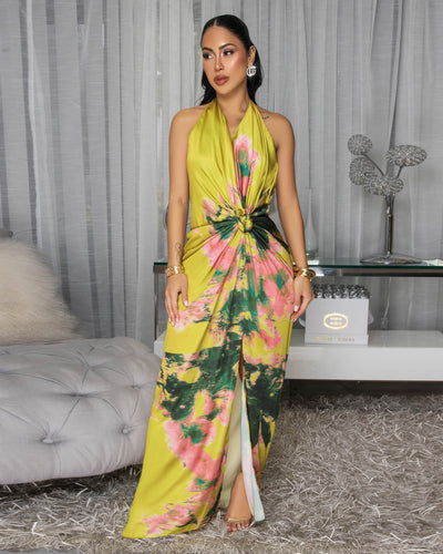 Lotus Lime Multi-Color Print Knot Front Halter Maxi  Dress