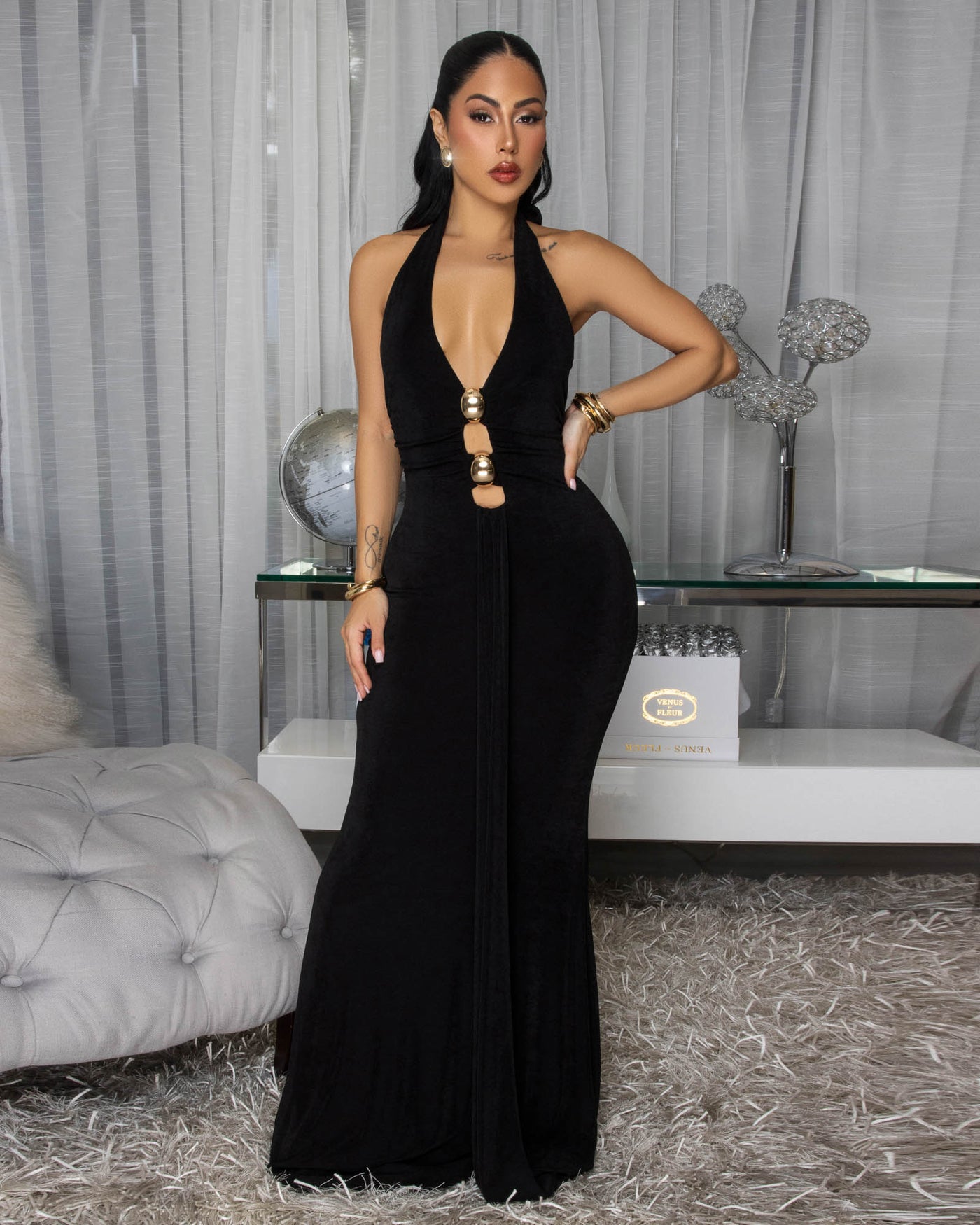 Axelle Black Plunging V Halter Maxi Dress