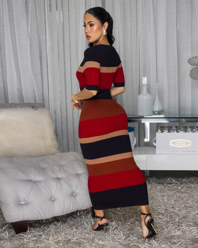 Favianna Burgundy Balck Multi-Color Stripes Midi Dress