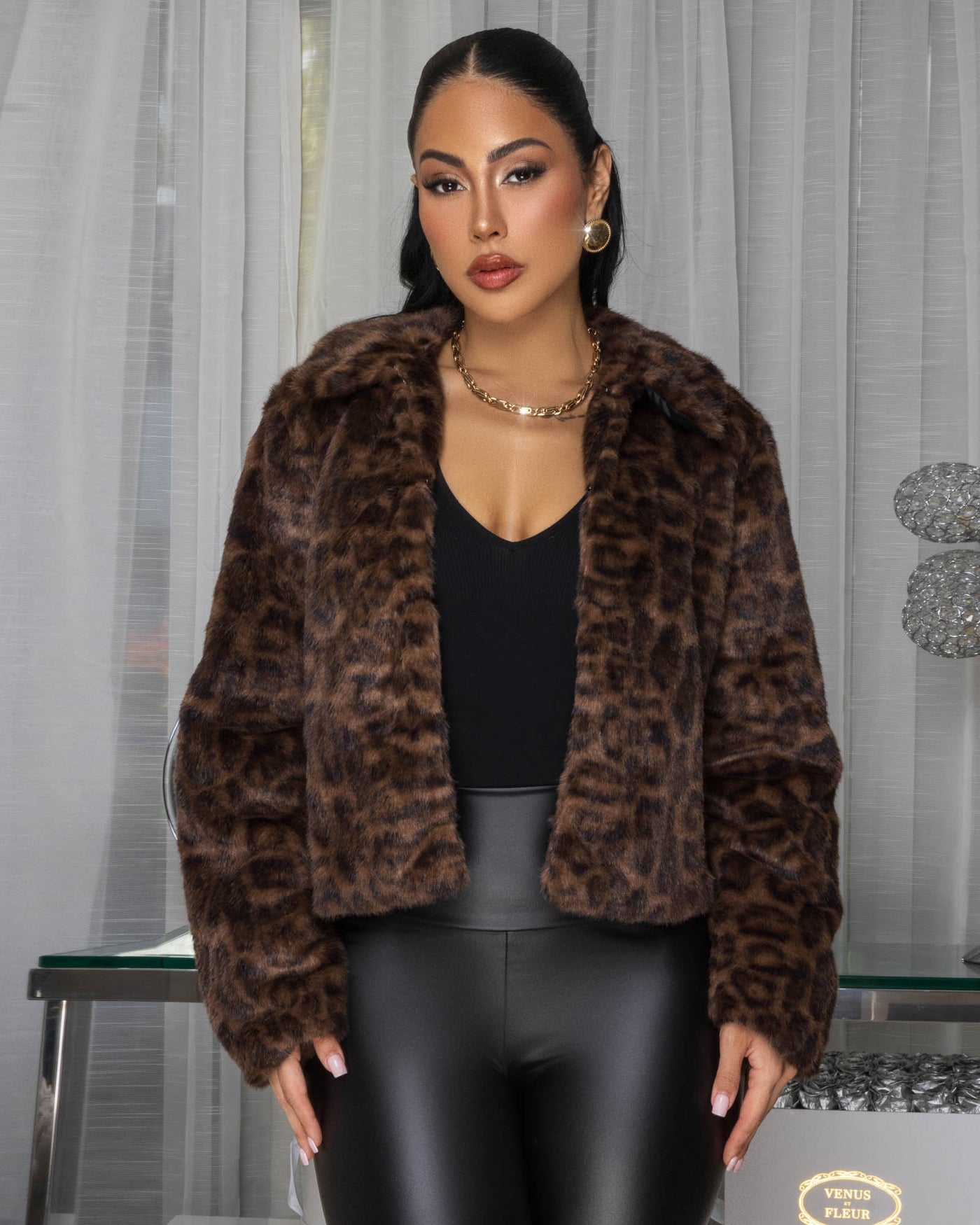 Amarie Brown Leopard Print Faux Fur Jacket