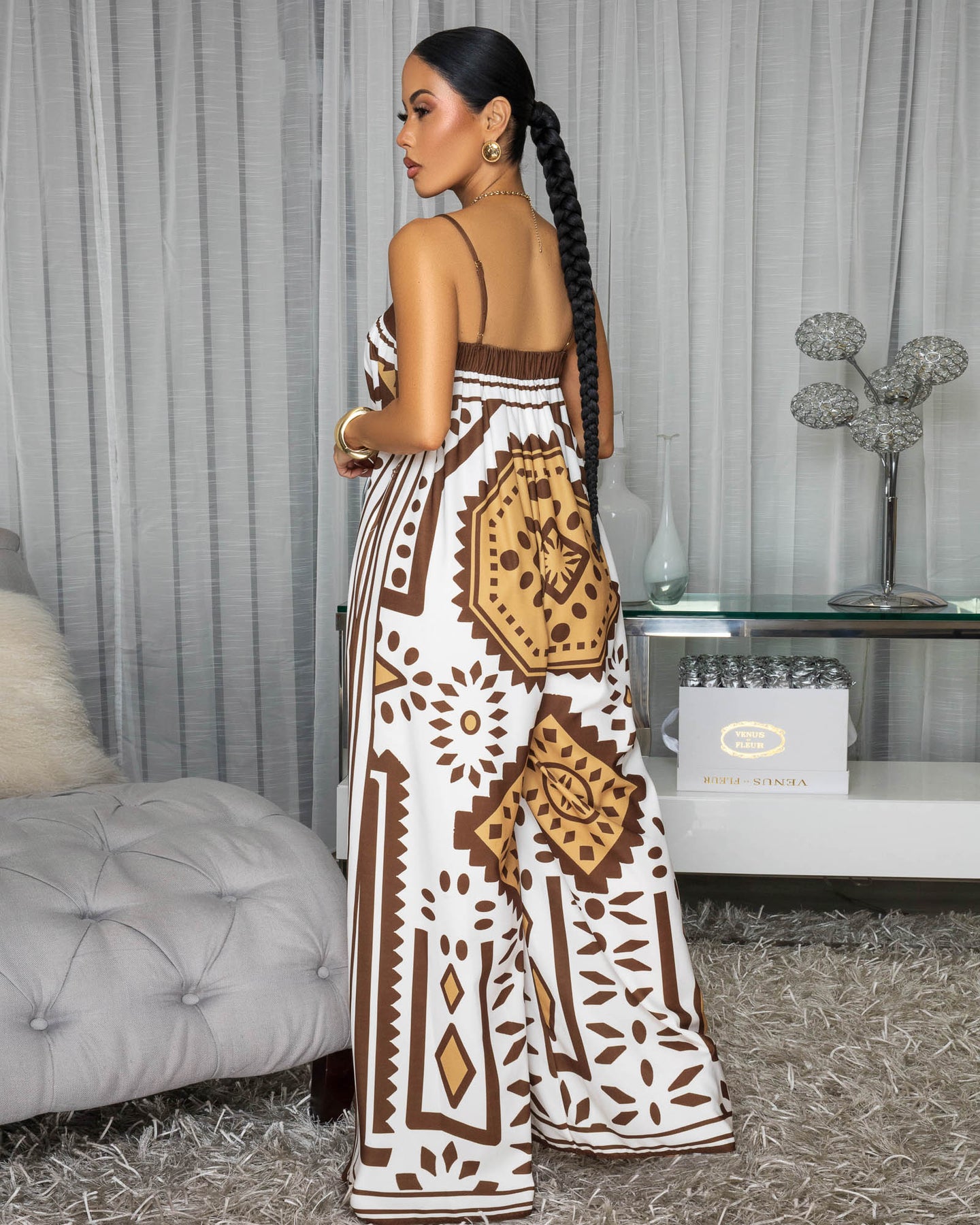 Izza Off-White Brown Print Woven Jumpsuit (SHIPS 4/2)