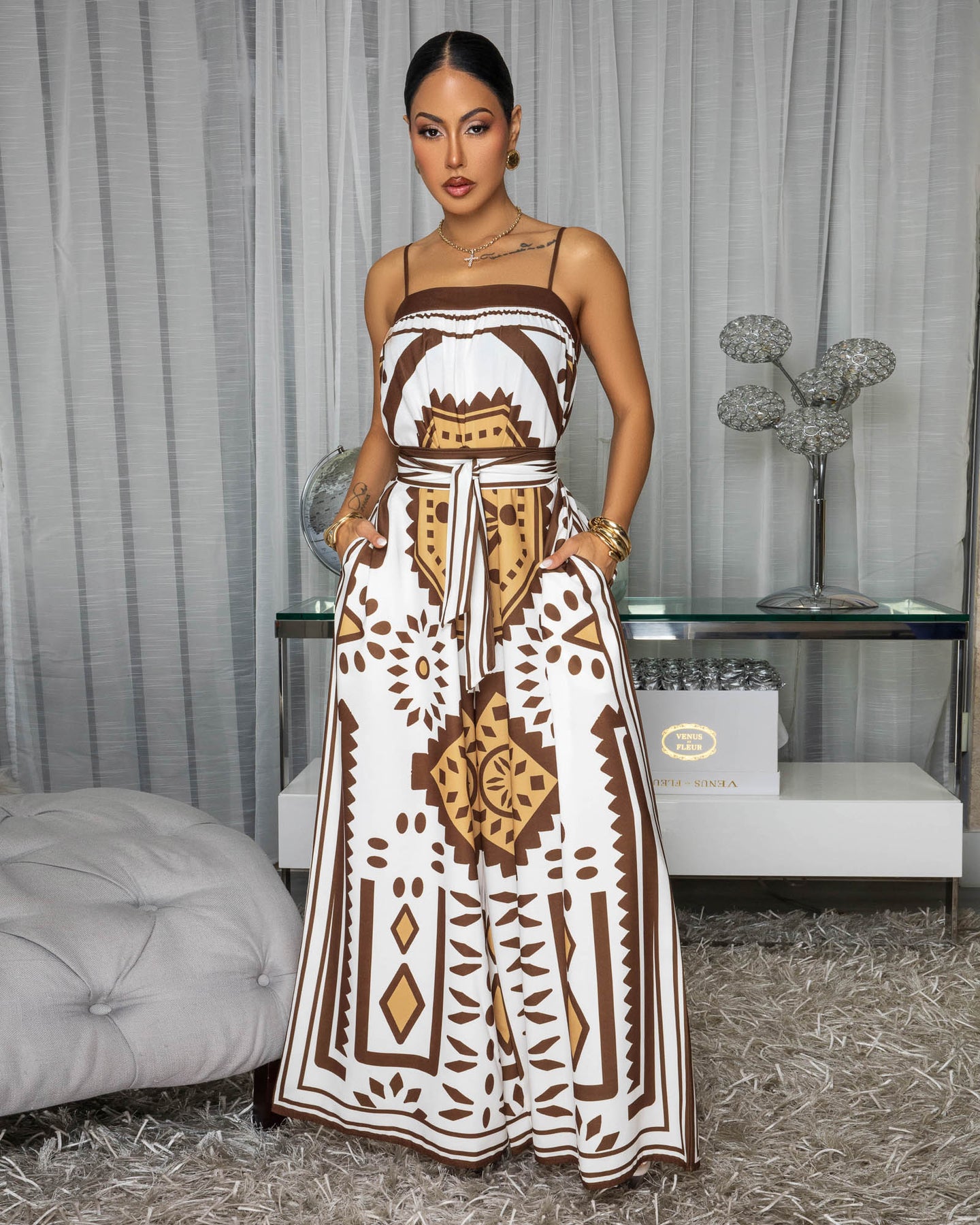 Izza Off-White Brown Print Woven Jumpsuit (SHIPS 4/2)