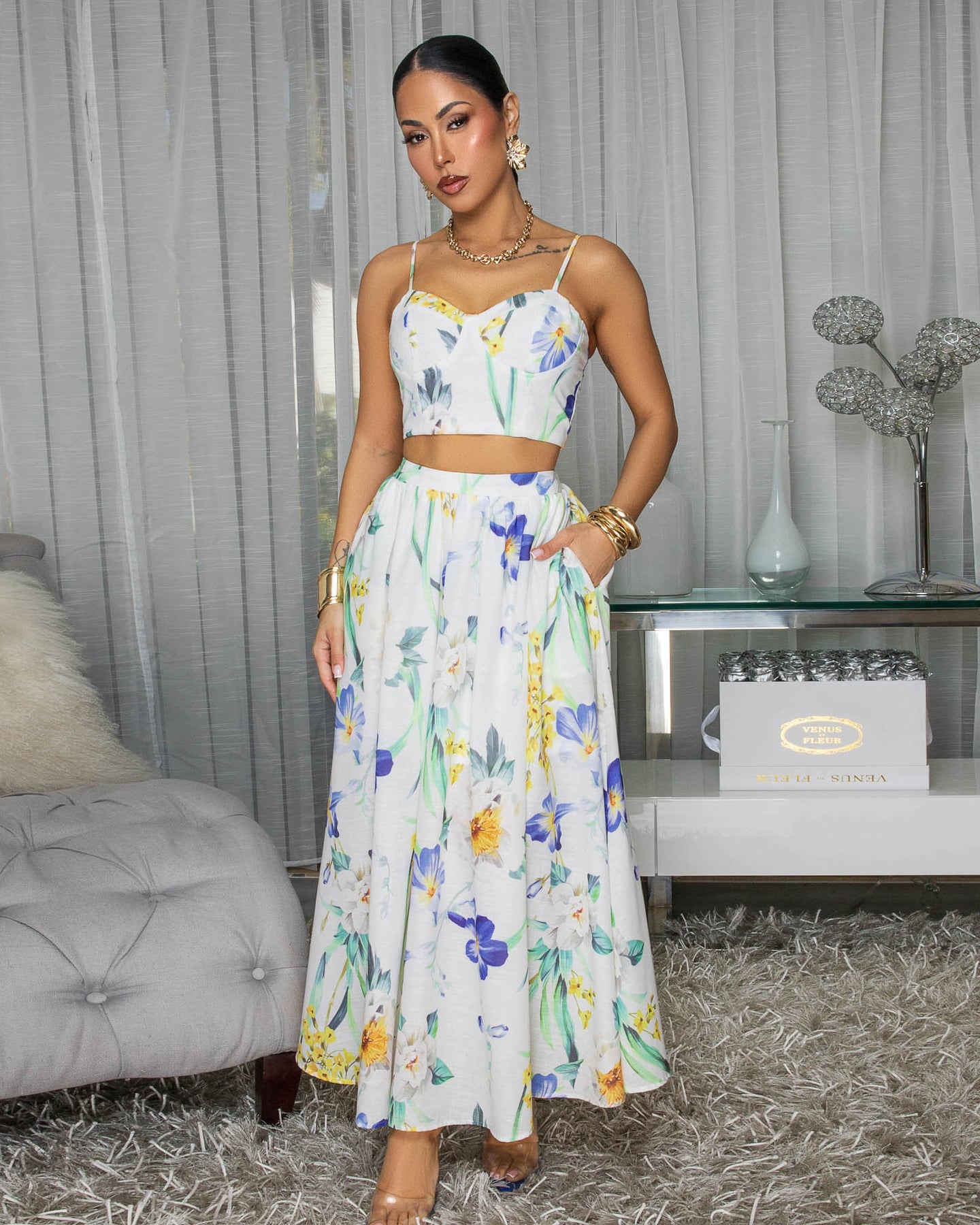 Rossina Ivory Multi-Color Print Crop Top & Midi Skirt Set