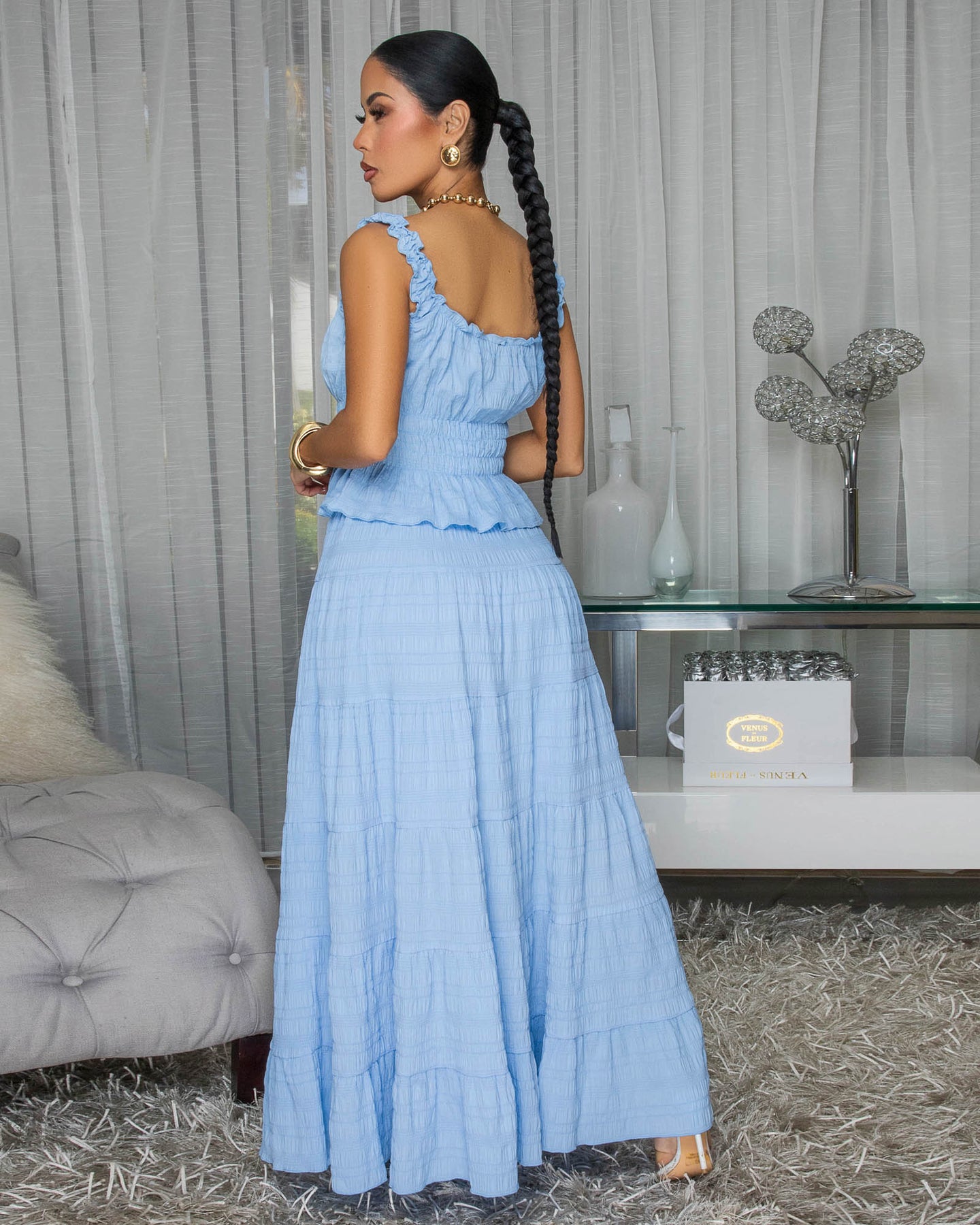 Diossa Baby Blue Textured Top & Maxi Skirt Set