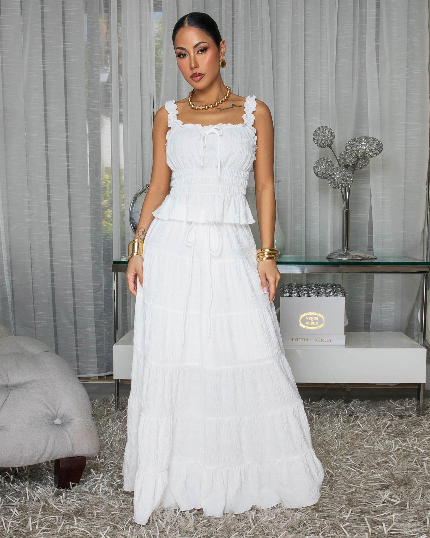 Diossa White Textured Top & Maxi Skirt Set