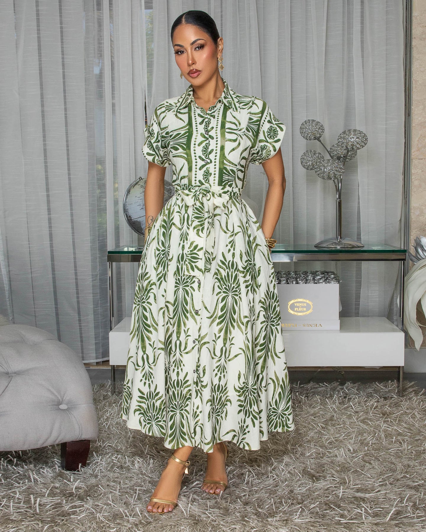 Vixen Olive Green Cream Floral Print Maxi Dress