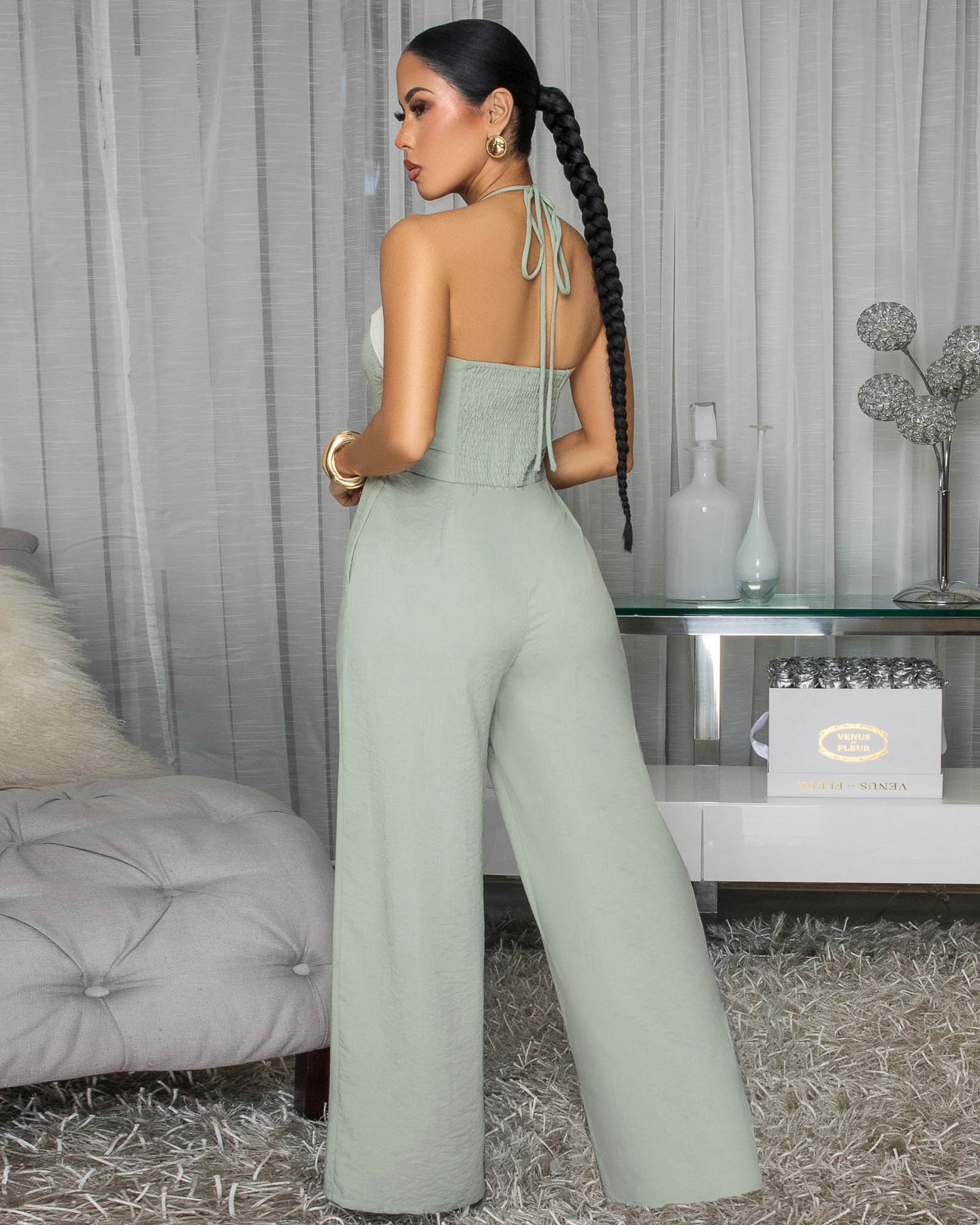 Bianca Sage Nude Rope Design Halter Jumpsuit