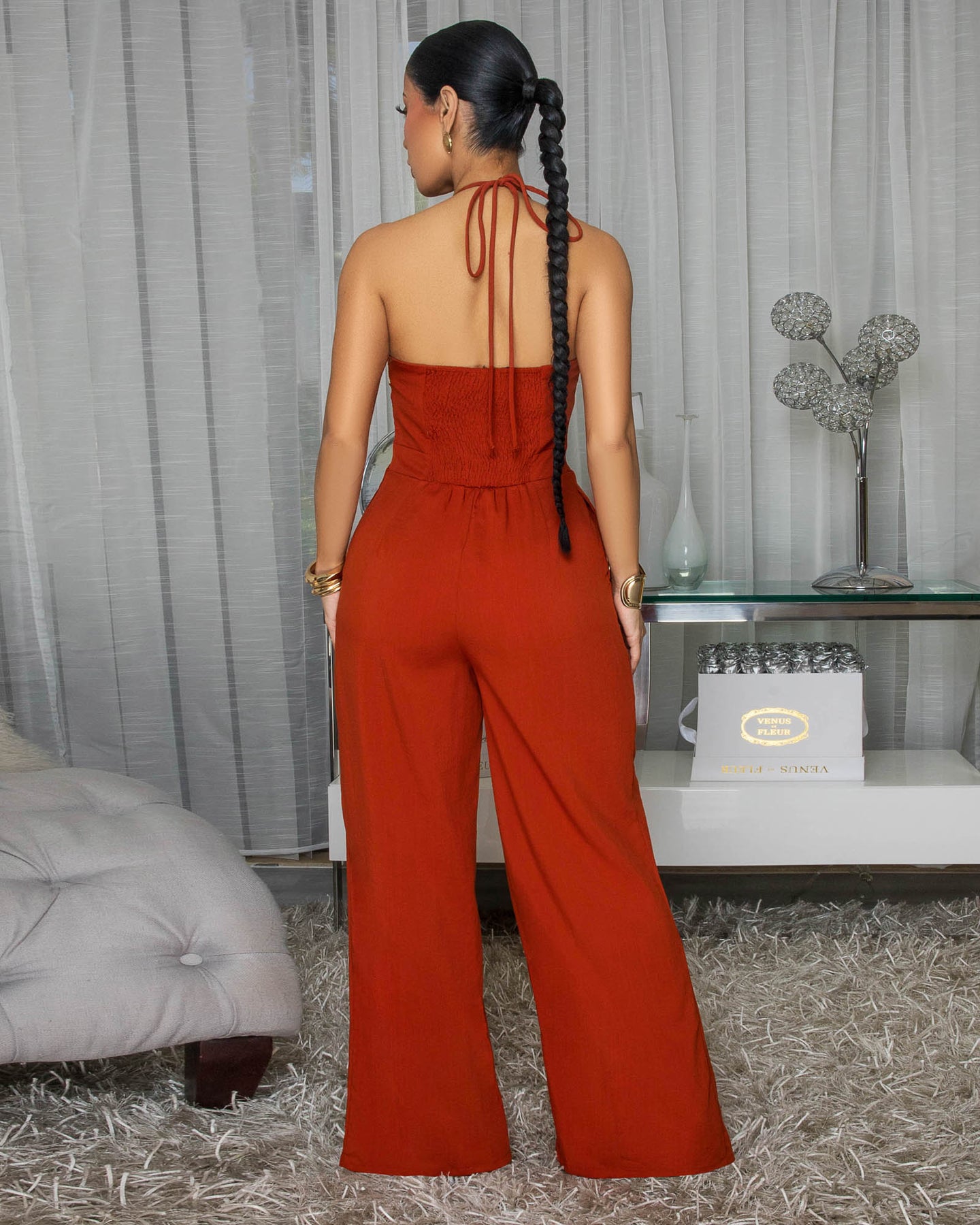 Bianca Rust Orange Nude Rope Design Halter Jumpsuit