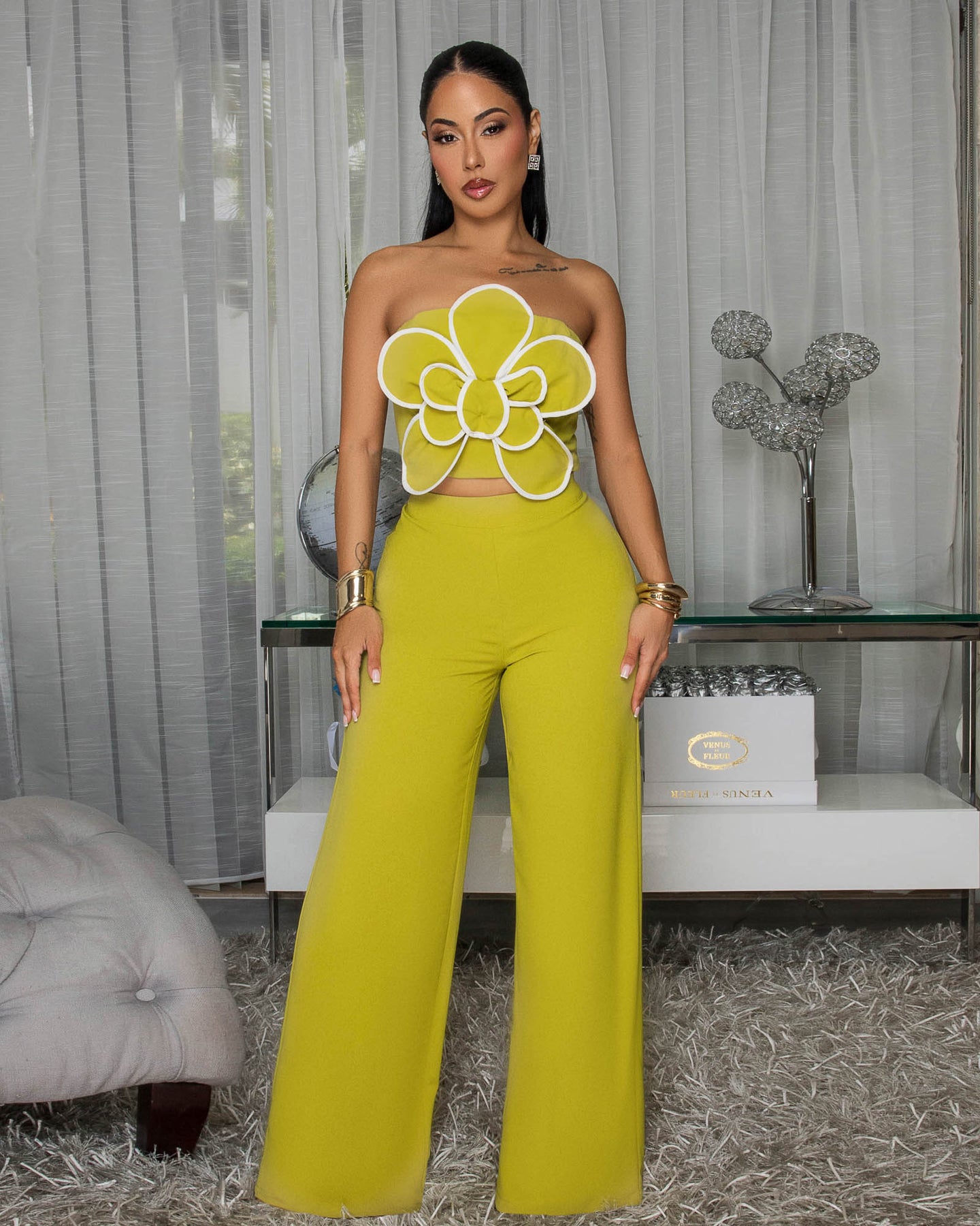 Valentina Lime White Trim Applique Crop Top & Pants Set