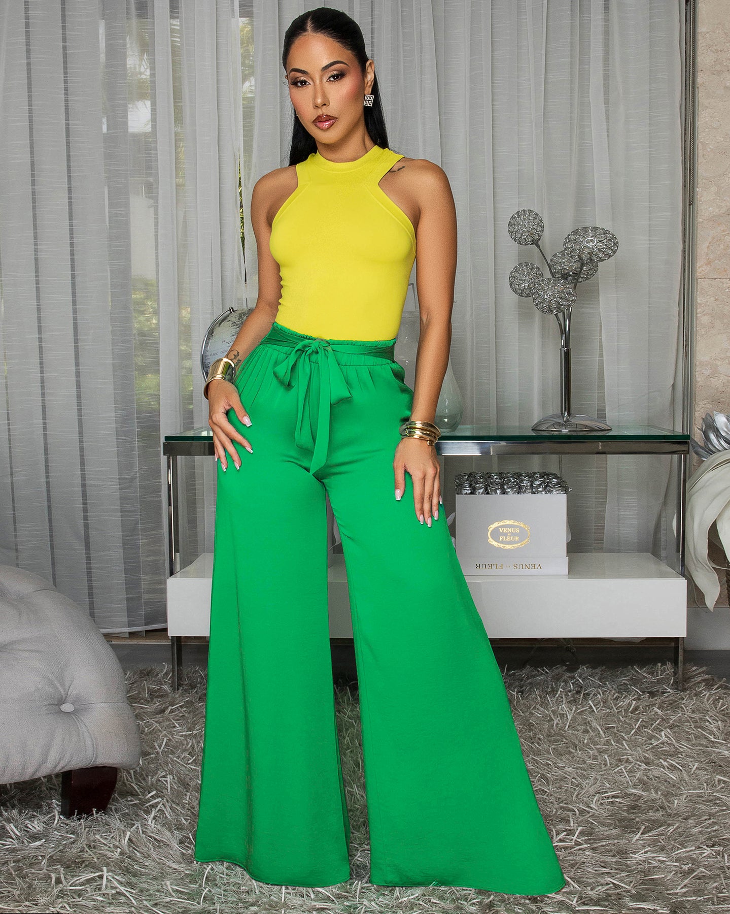 Malienne Kelly Green Belted Silky Pants