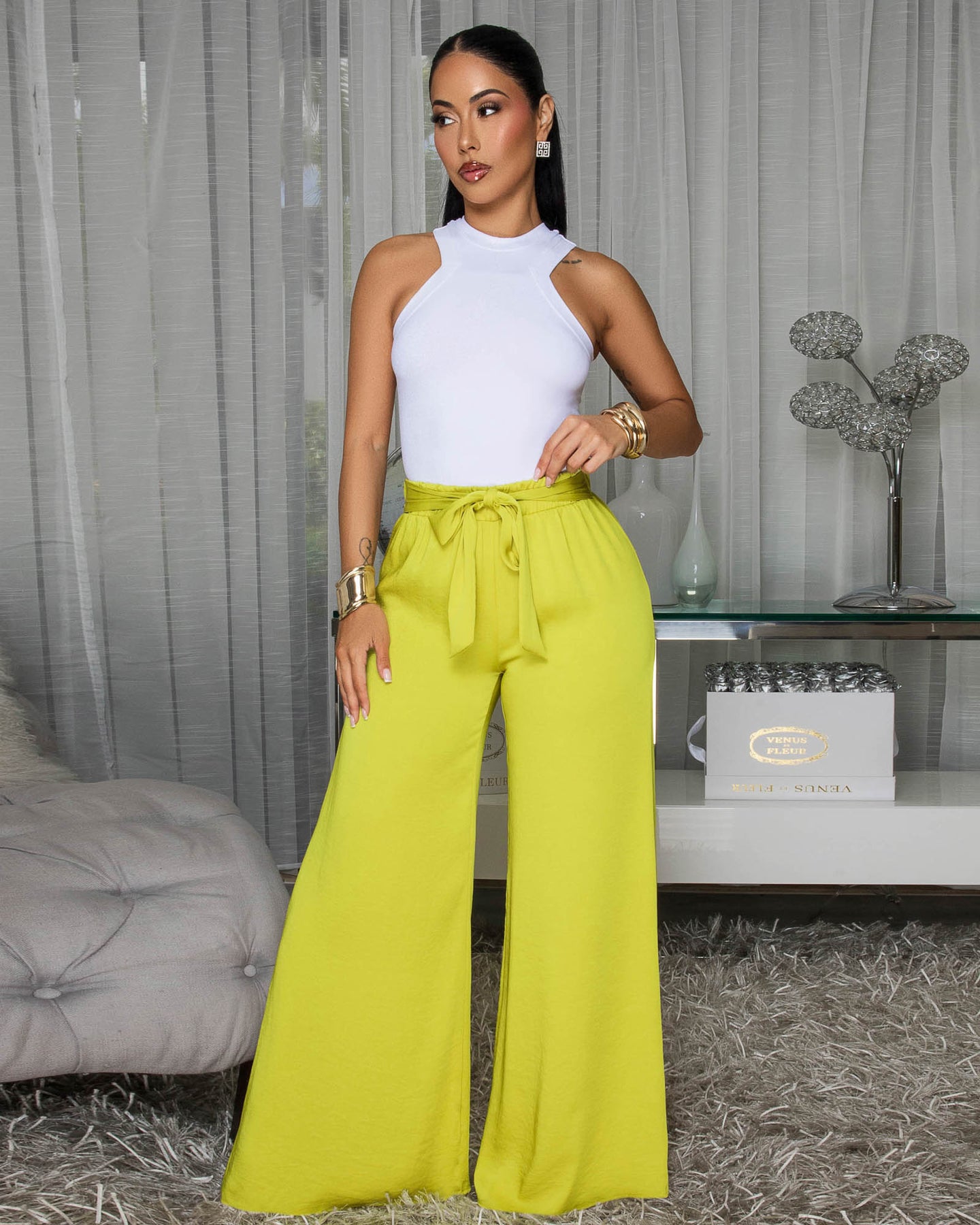 Malienne Lime Yellow Belted Silky Pants