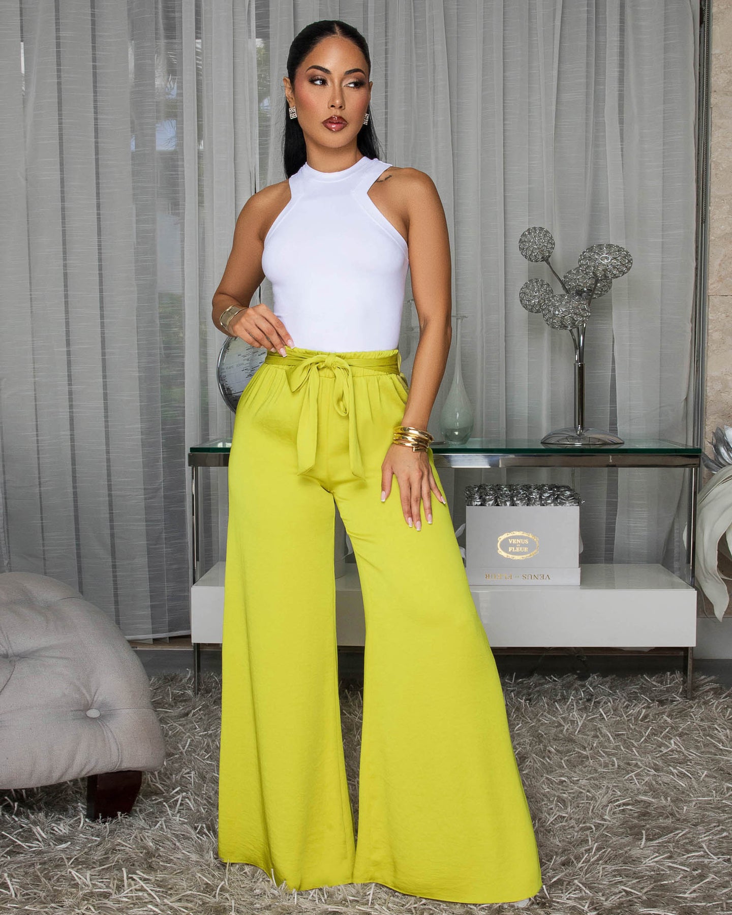 Malienne Lime Yellow Belted Silky Pants
