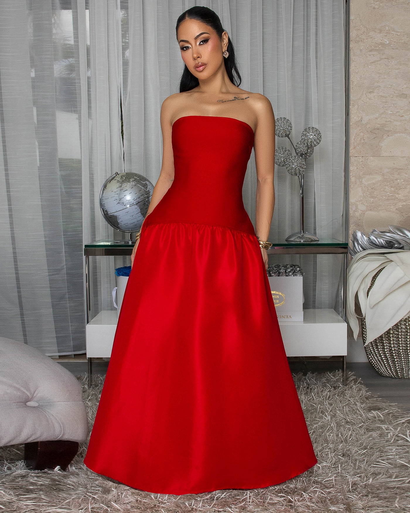 red bandage dress strapless RUFFLED STRAPLESS BANDAGE DRESS-Red S