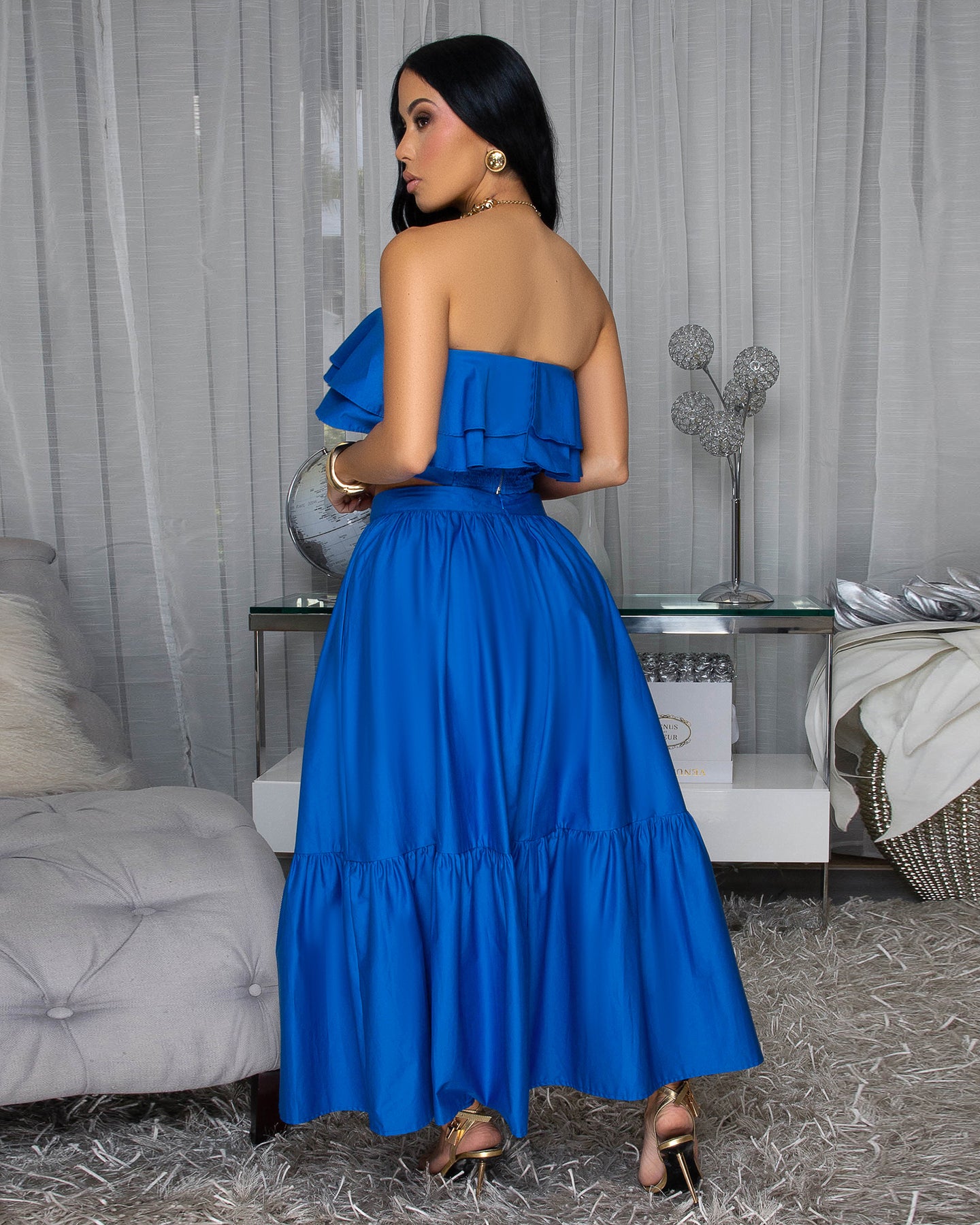 Korris Royal-Blue Ruffle Top & Midi Skirt Set