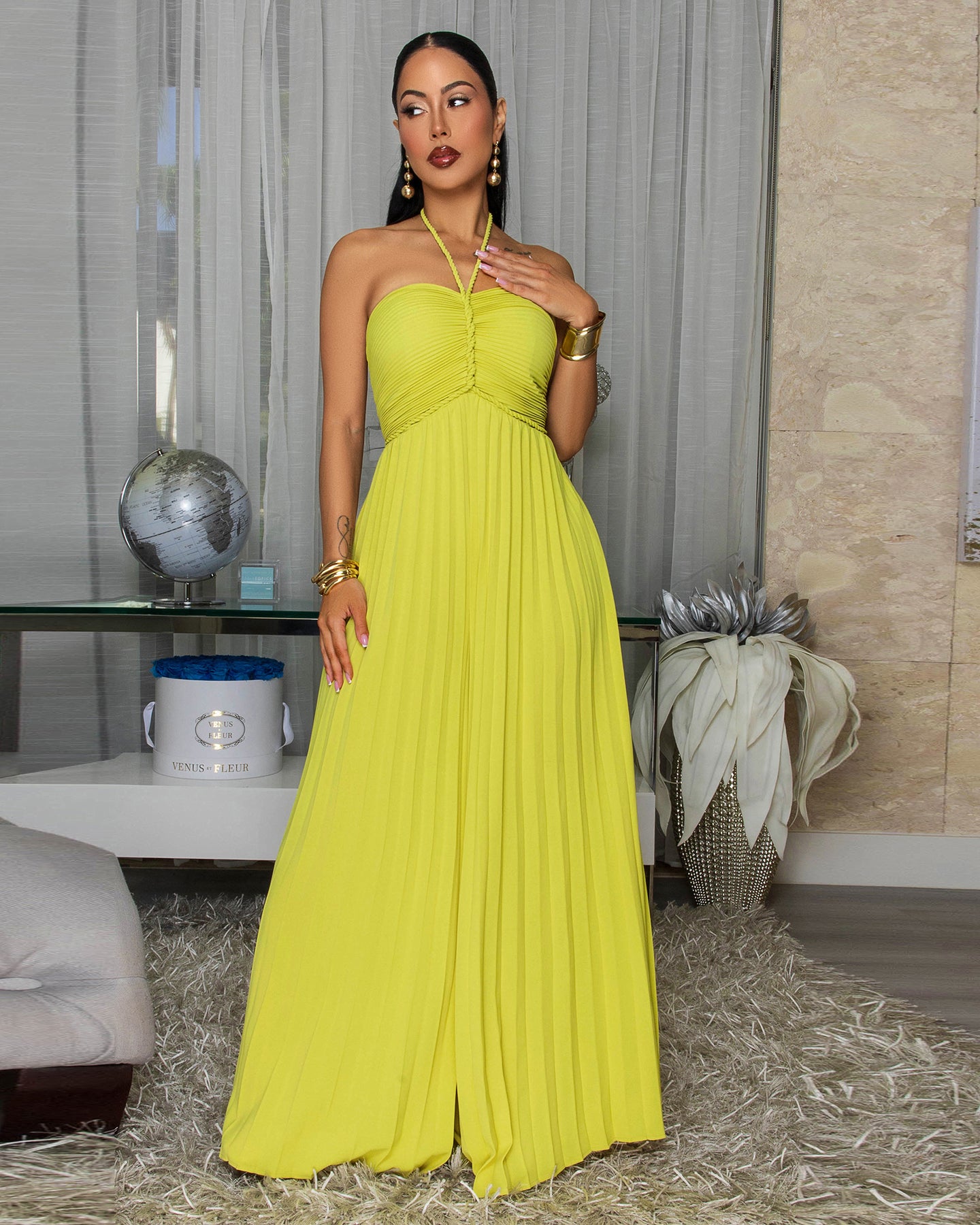 Lotus Lime Pleated Halter Jumpsuit