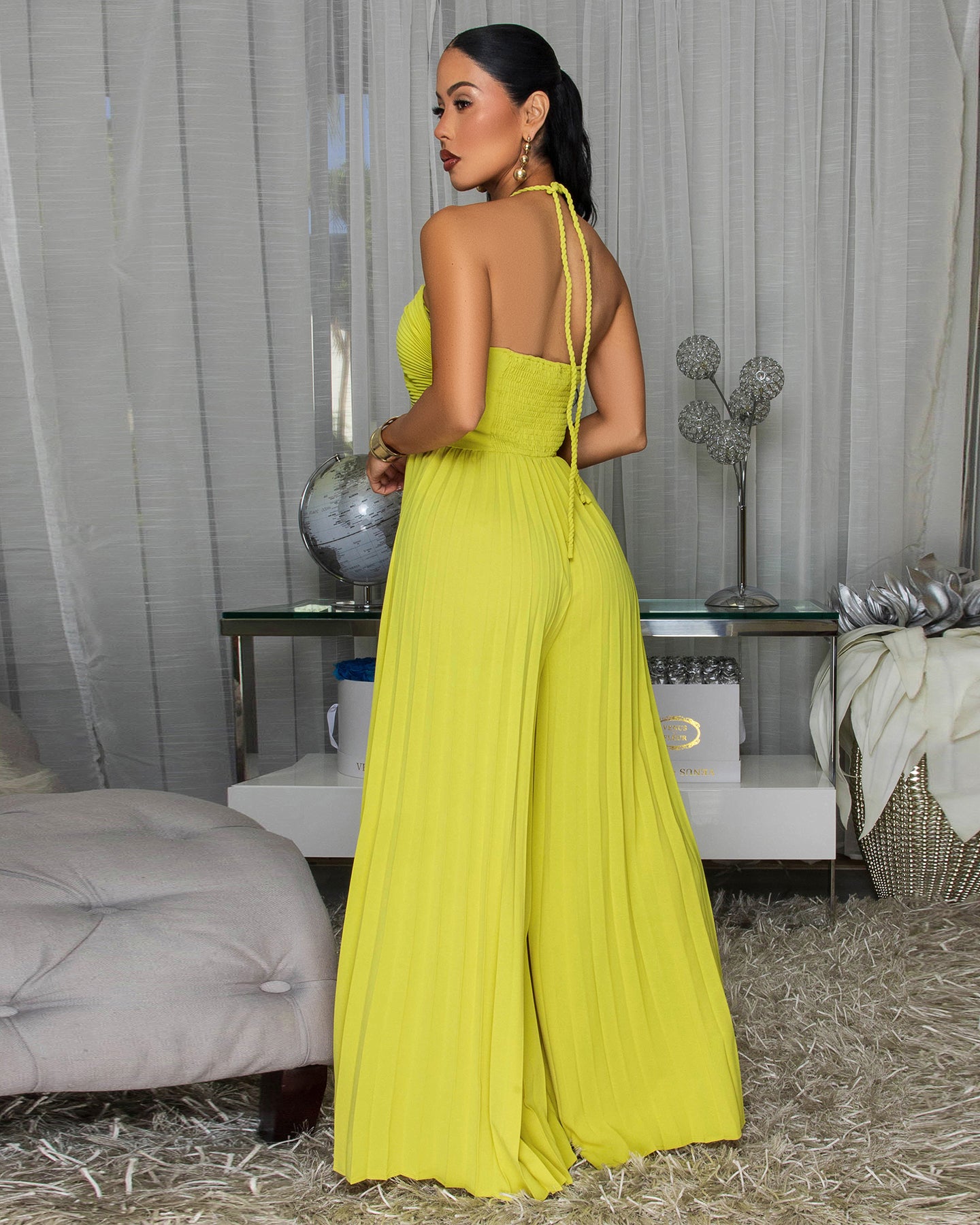 Lotus Lime Pleated Halter Jumpsuit