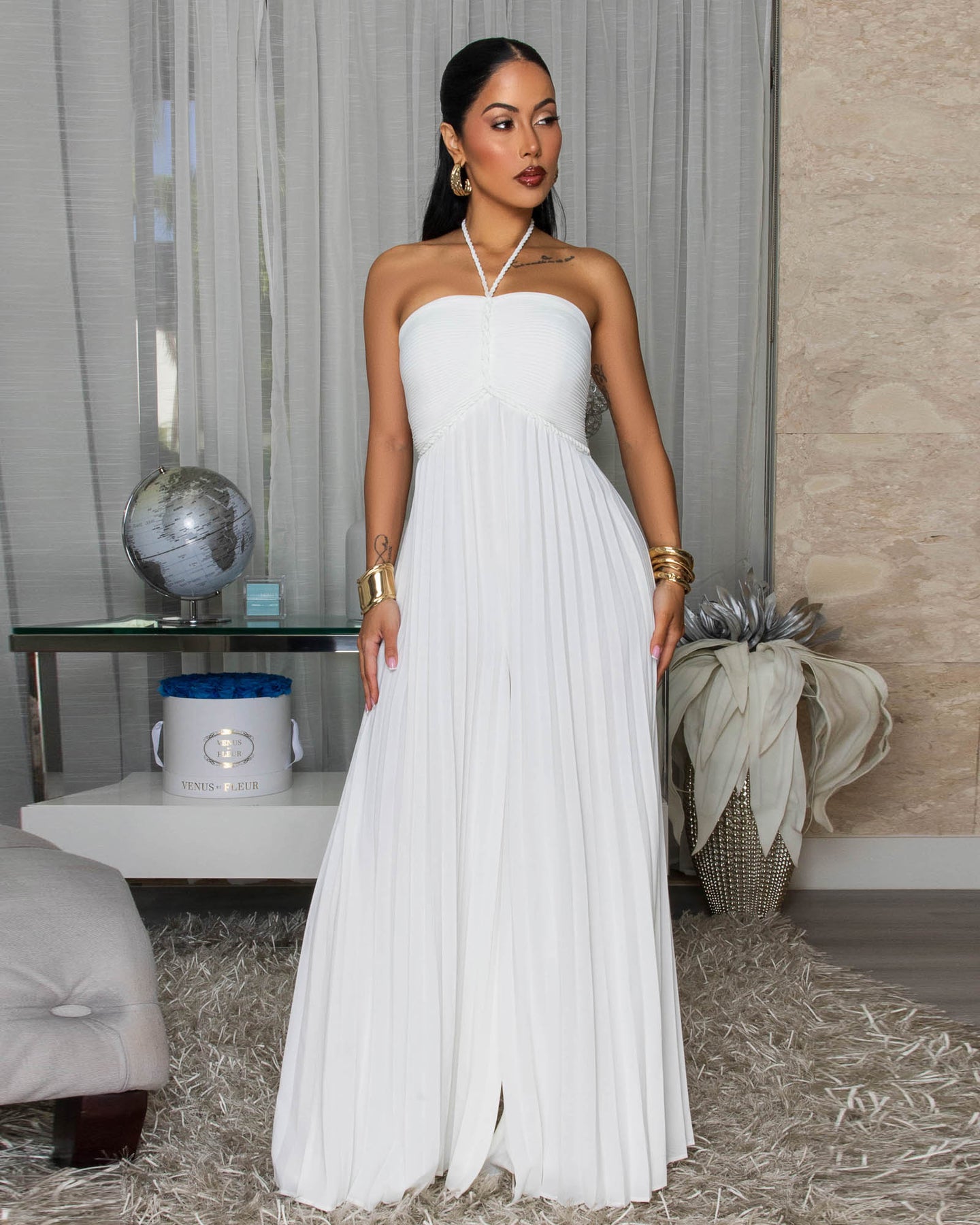 Lotus Off-White Pleated Halter Jumpsuit