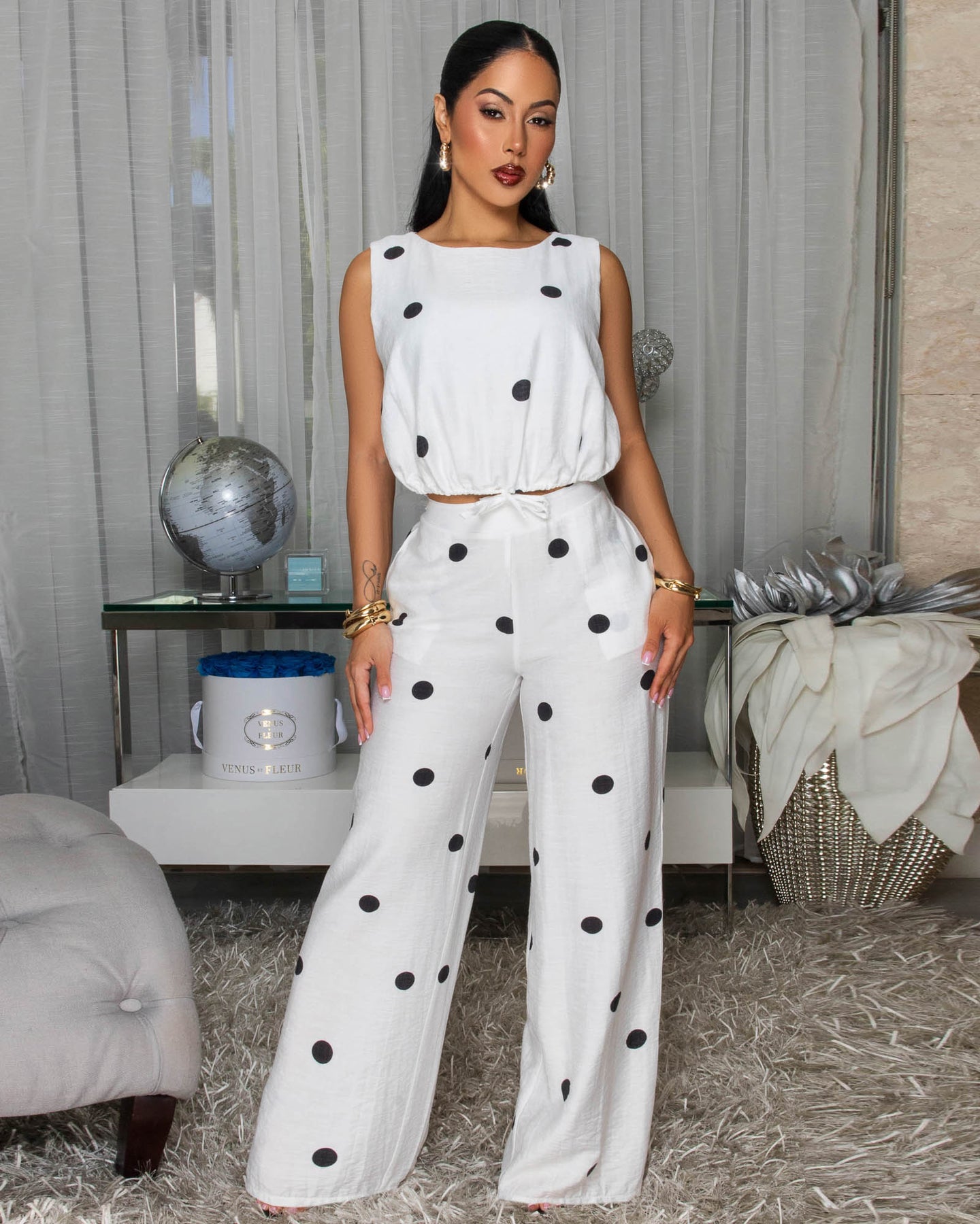Rivera White Black Polka Dots Top & Pants Set
