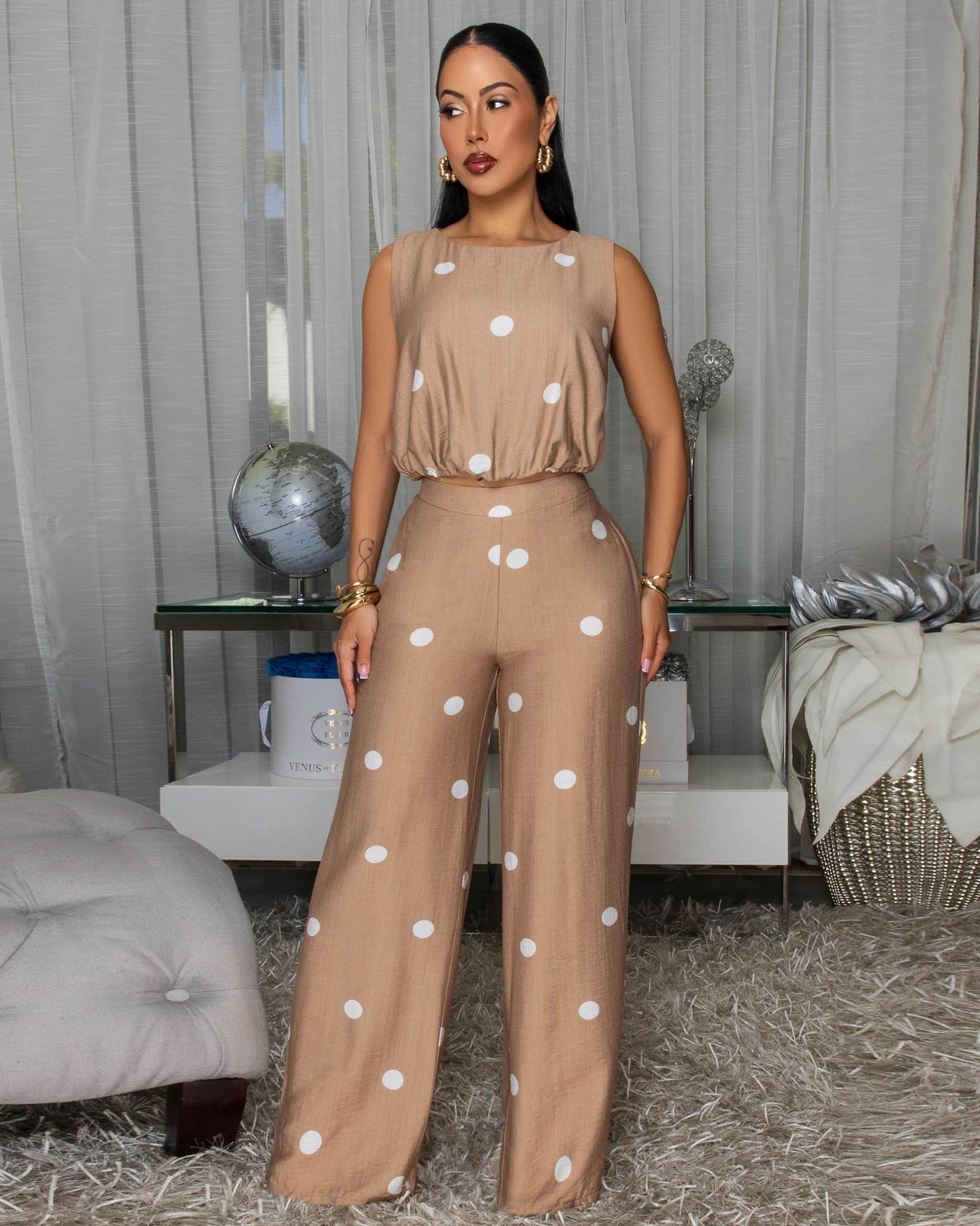 Rivera Taupe White Polka Dots Top & Pants Set