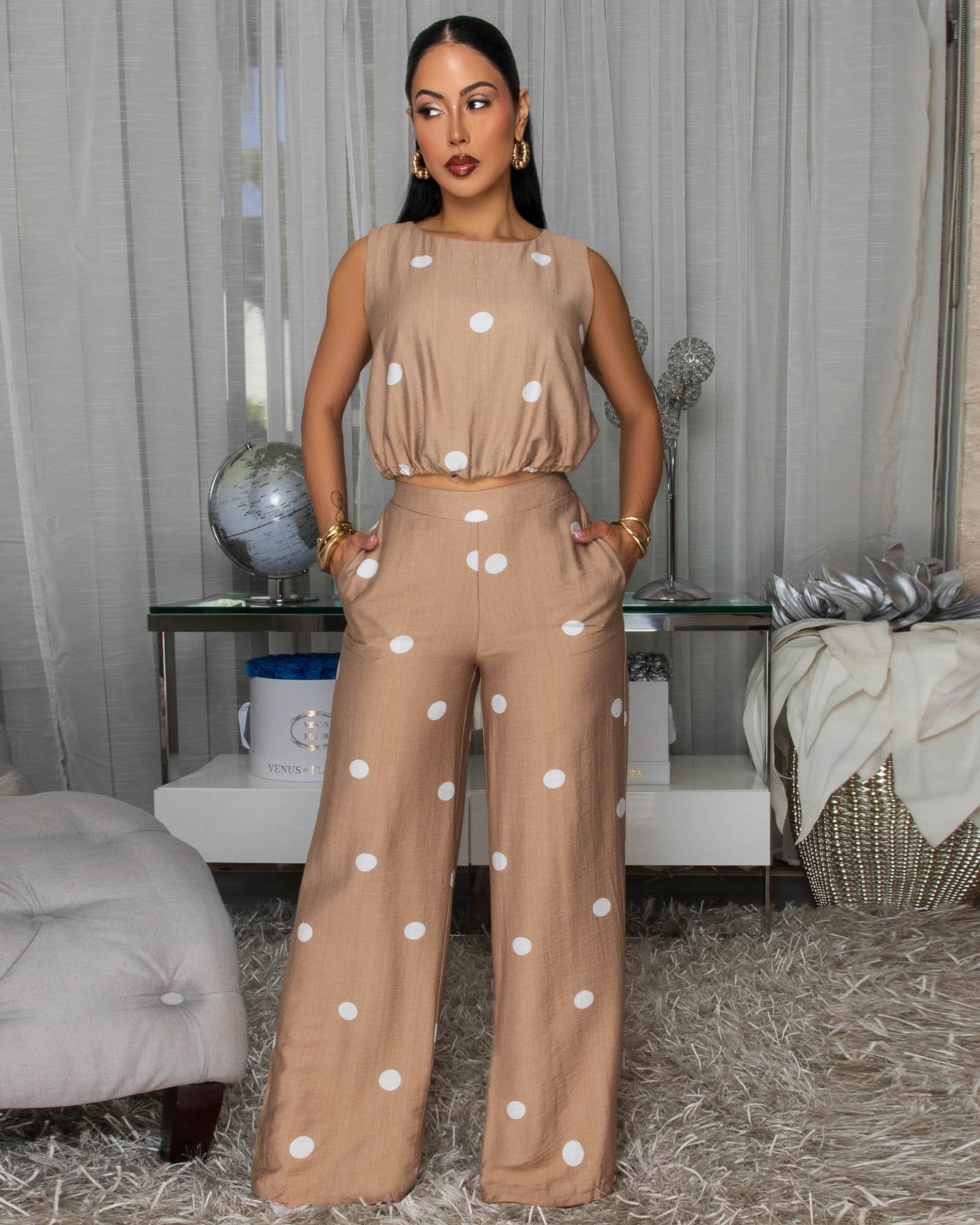 Rivera Taupe White Polka Dots Top & Pants Set