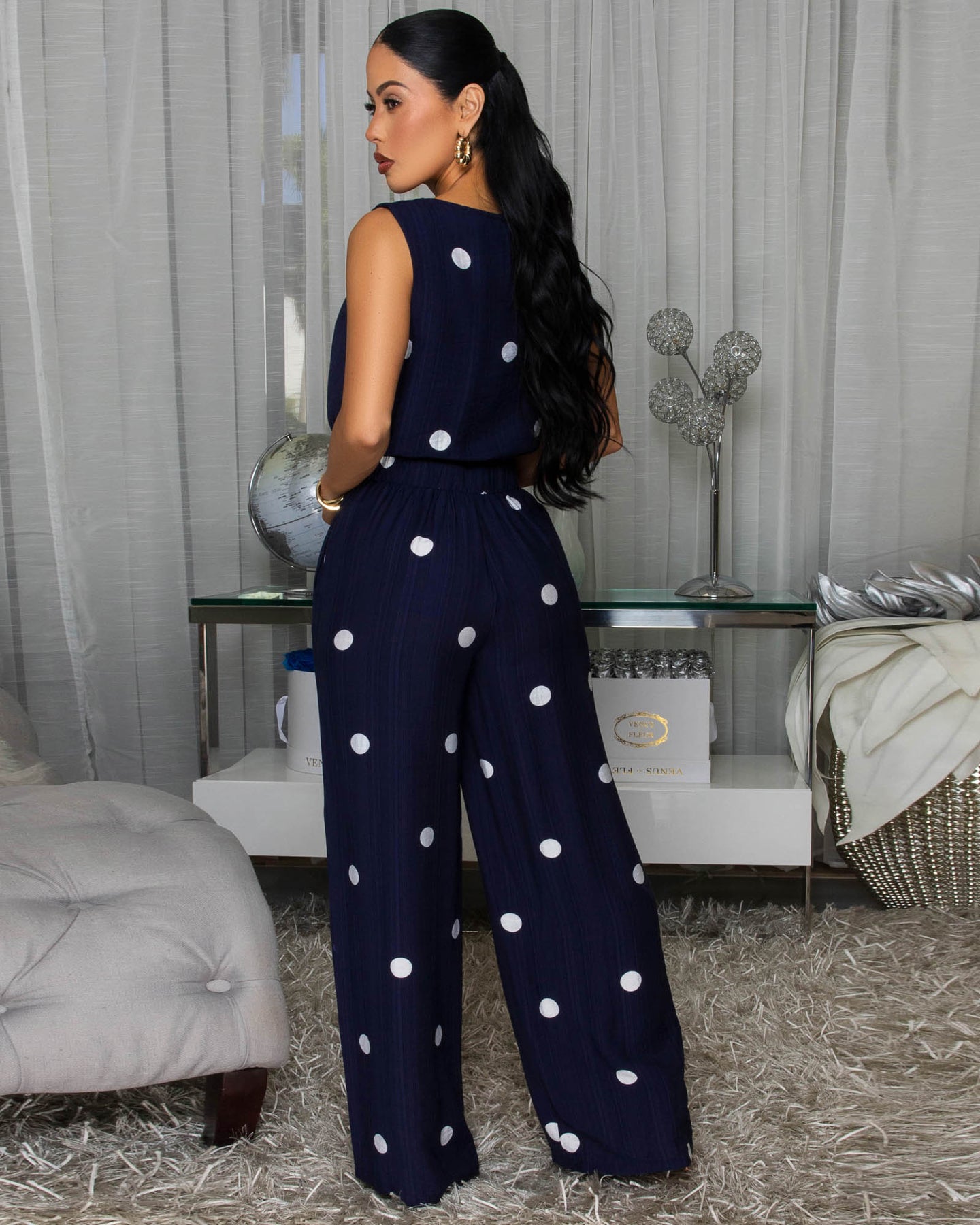 Rivera Navy-Blue White Polka Dots Top & Pants Set