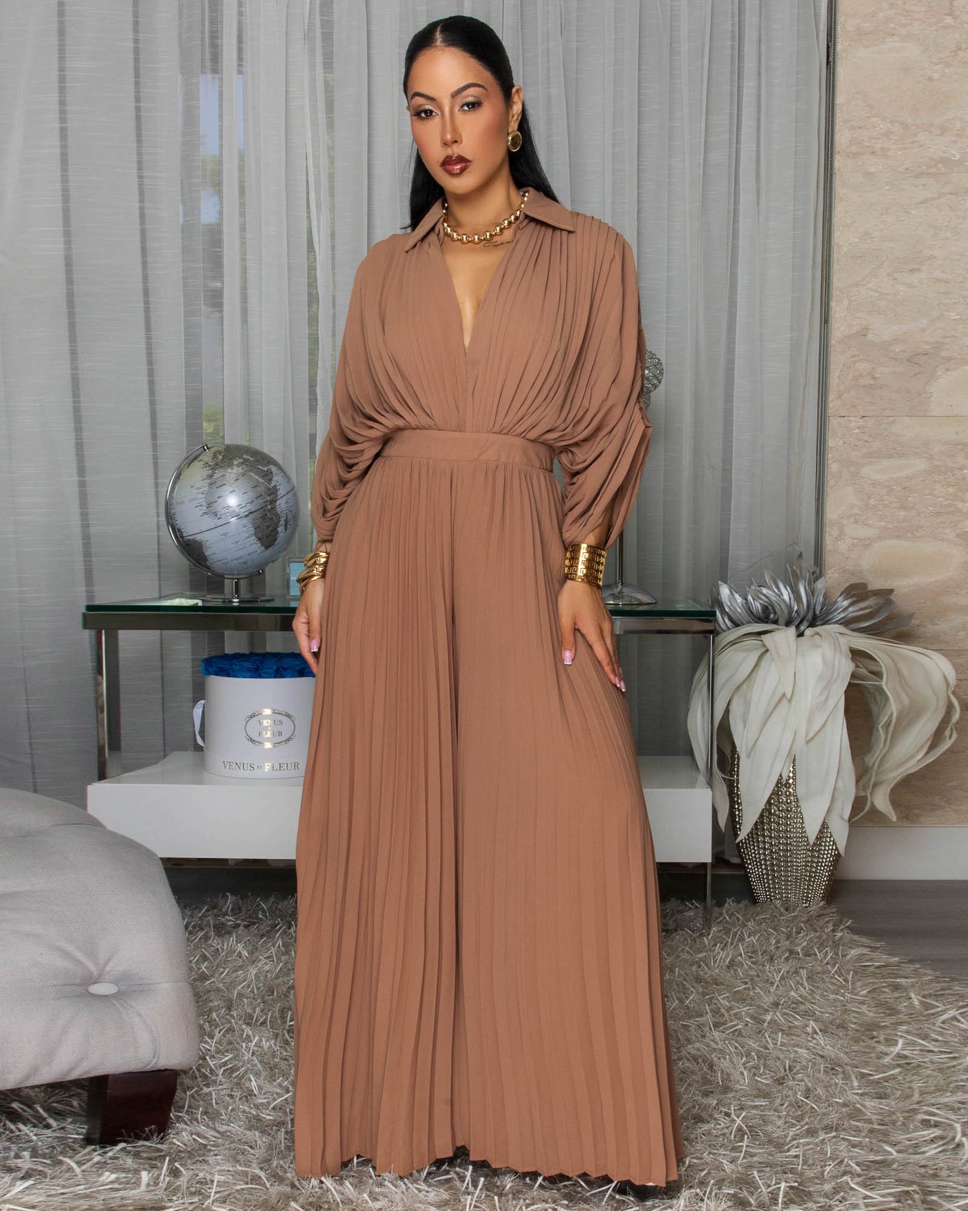 Inesse Chocolate Brown Pleated Jumpsuit – Chic Couture Online