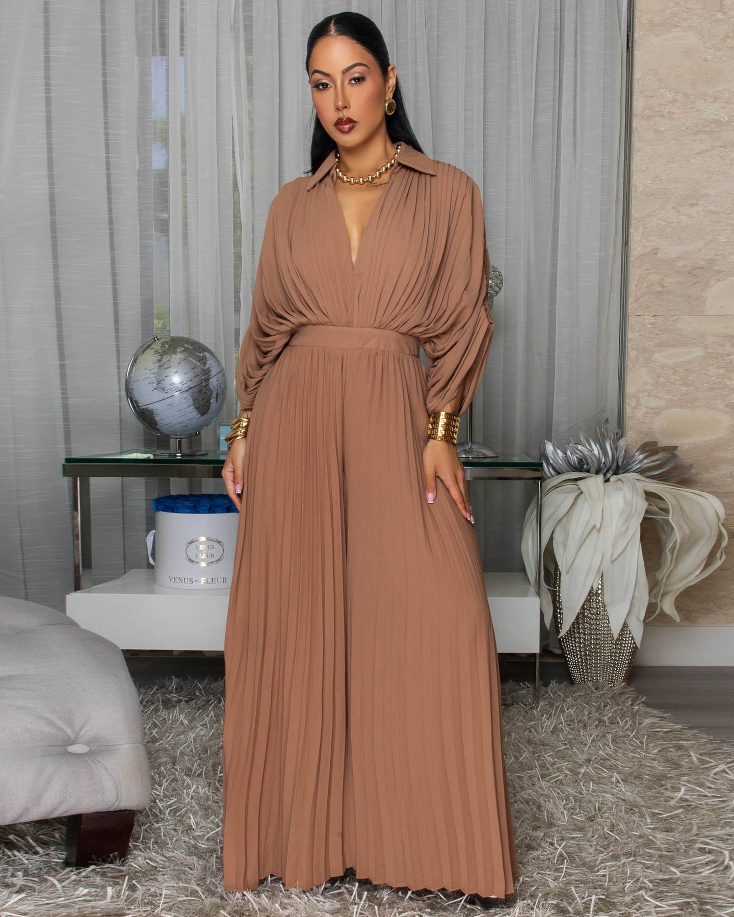 Inesse Chocolate Brown Pleated Jumpsuit