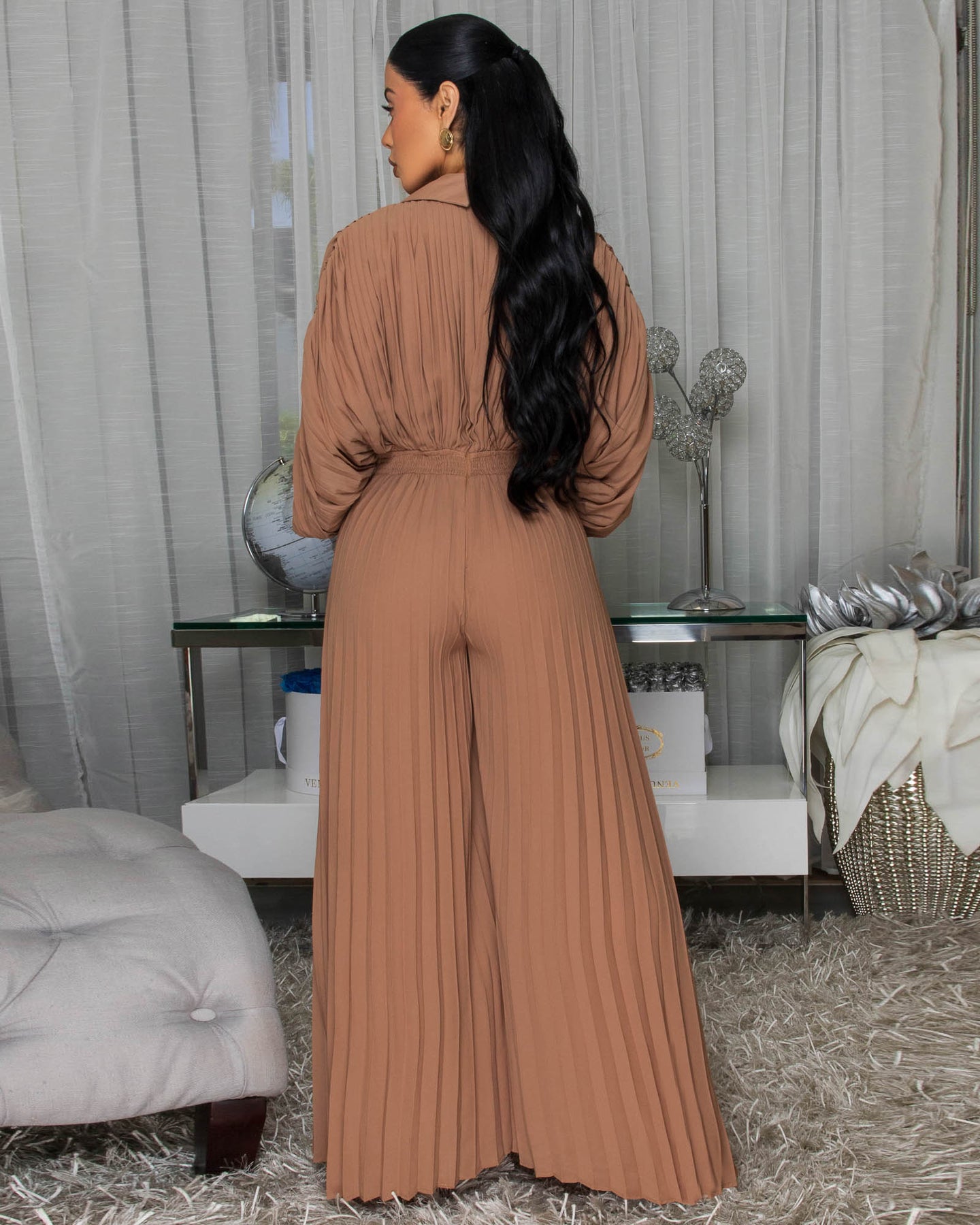 Inesse Chocolate Brown Pleated Jumpsuit