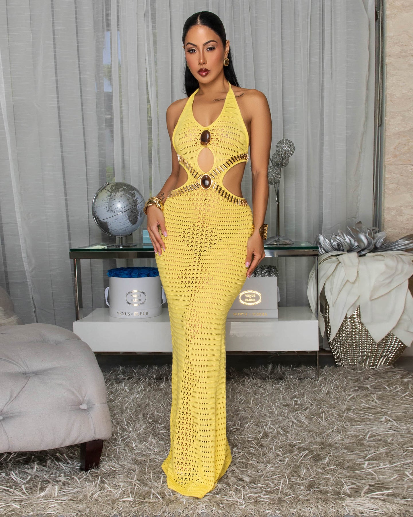 Kinetta Yellow Embellished Cover-Up Maxi Dress