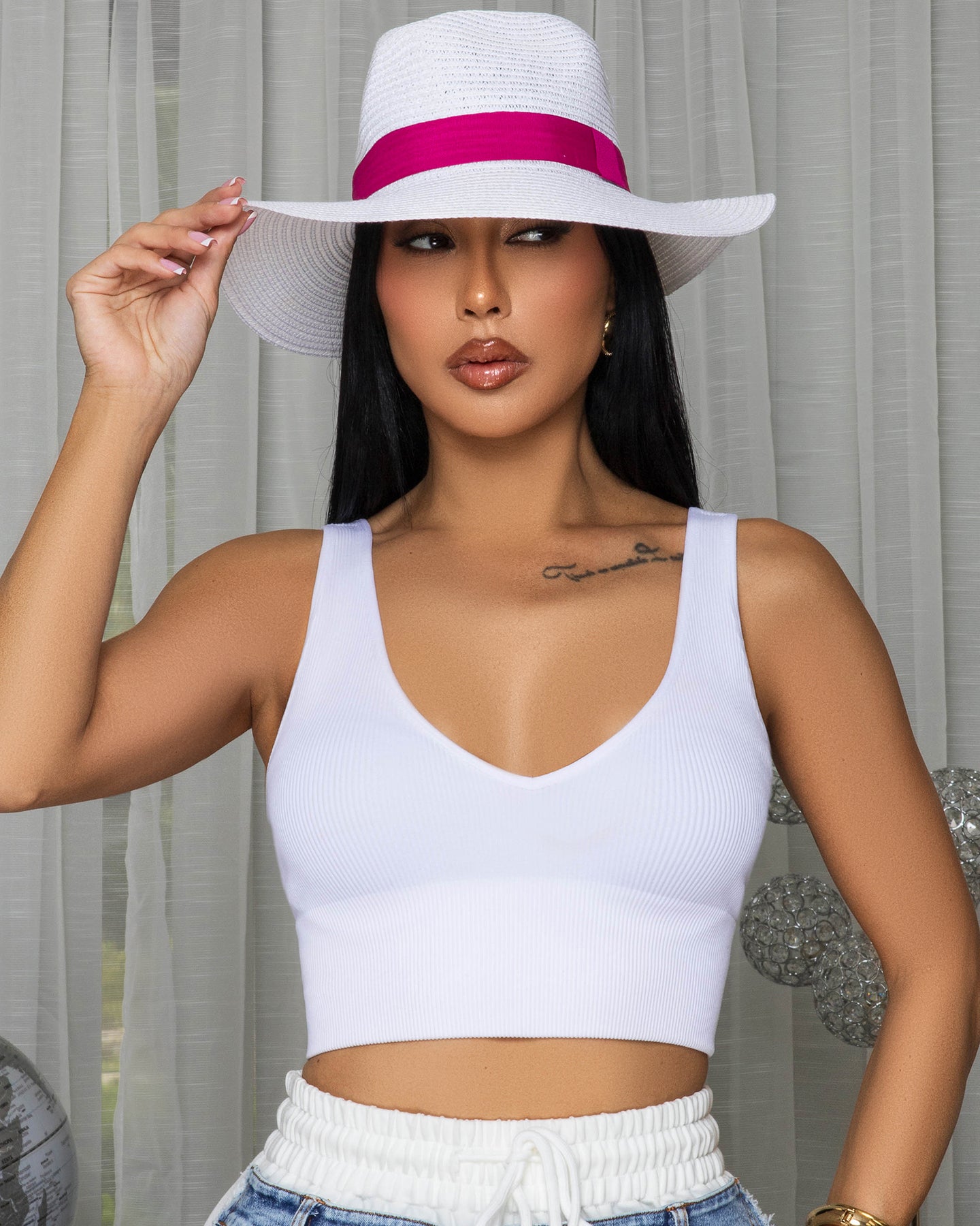Santini White Pink Ribbon Panama Hat