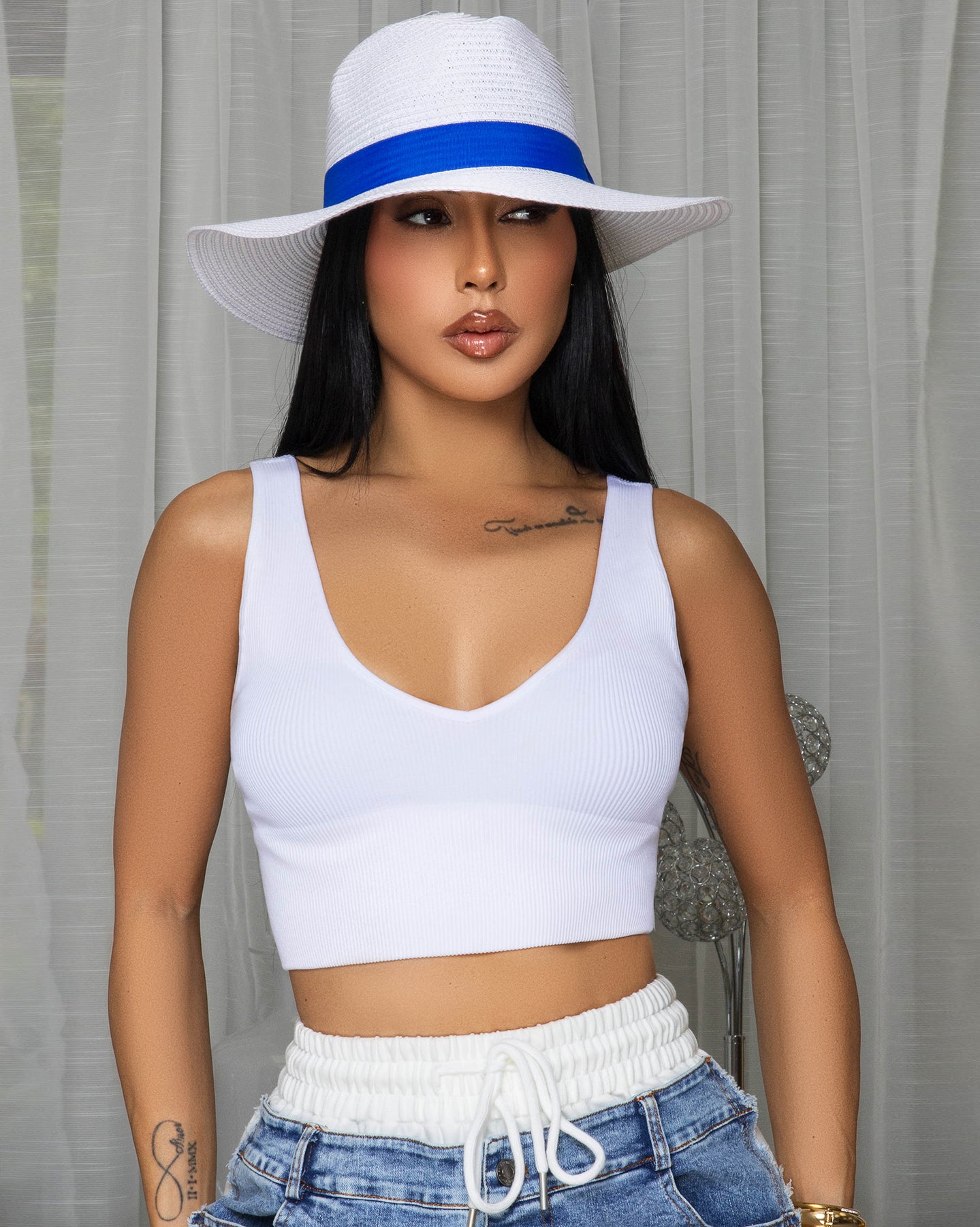 Santini White Blue Ribbon Panama Hat