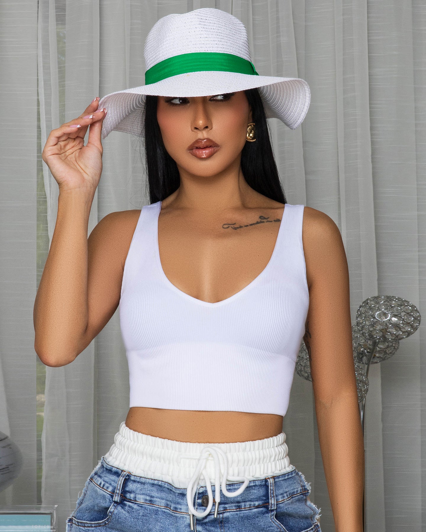 Santini White Green Ribbon Panama Hat