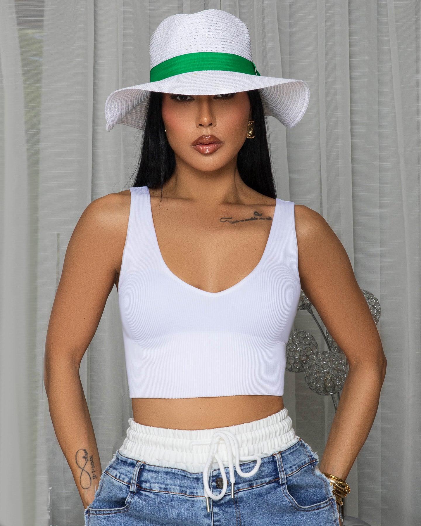 Santini White Green Ribbon Panama Hat
